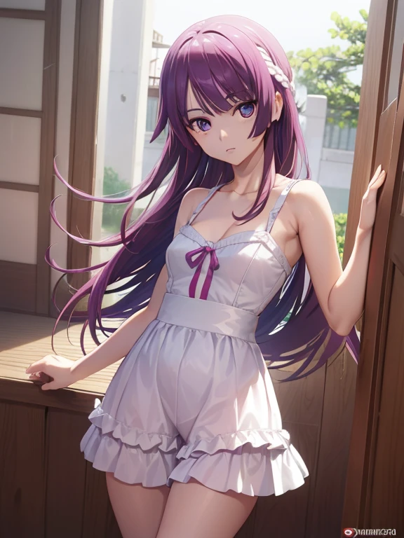 Senjougahara Hitagi , Senjougahara Hitagi , pelo largo, pelo morado, , (ojos azules:1.1), white underwear, , 
ROMPER indoors, aula,
ROMPER looking at side,
ROMPER (Obra maestra:1.2), mejor calidad, high resolution, fondo de pantalla de unidad 8k, (ILLUSTRATION:0.8), (hermosos ojos detallados:1.6), cara extremadamente detallada, perfect lighting, CG extremadamente detallado, (manos perfectas, perfect anatomy),