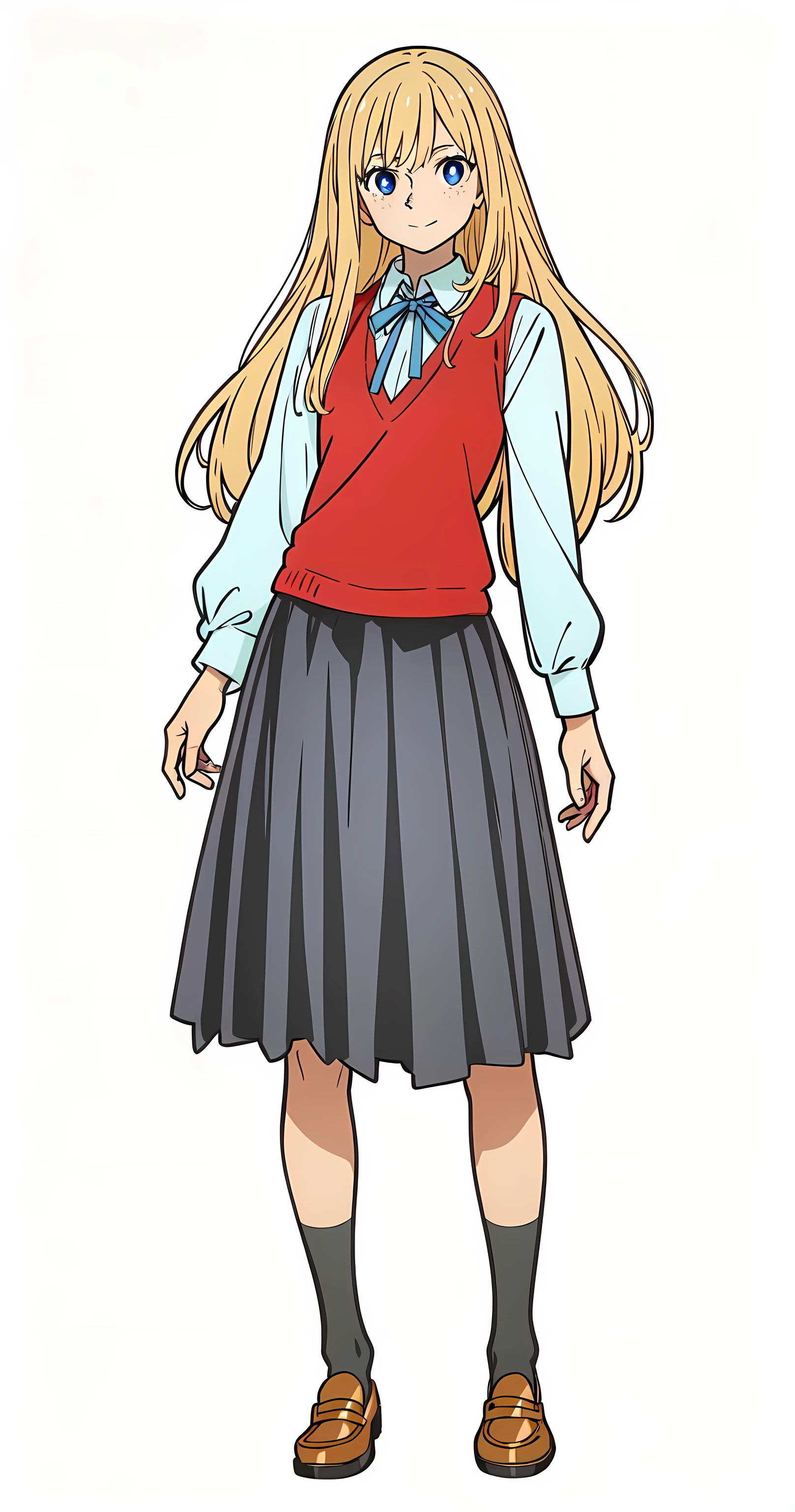 (best quality:1.0), (masterpiece:1.0), (super fine illustration:1.0), (beautiful artwork:1.0), (anime screencap:1.0), (official art:1.0), (european:1.0), (cheerful:1.0), (white background:1.0), (best quality:1.0), (masterpiece:1.0), (super fine illustration:1.0), (beautiful artwork:1.0), (anime screencap:1.0), (official art:1.0), (solo:1.0), (european:1.0), (a 18yo cute girl:1.0), (long skirt:1.0), (black skirt:1.0), (pleated skirt:1.0), (red knit vest:1.0), (white long sleeve collared shirt:1.0), (blue neck ribbon:1.0), (loafers:1.0), (black socks:1.0), (ideal ratio body proportions:1.0), (lanky:1.0), (tall:1.0), (slender:1.0), (small breasts:1.0), (smaller face:1.0), (tareme:1.0), (freckles:1.0), (detailed beautiful eyes:1.0), (detailed beautiful face:1.0), (glowing blue eyes:1.0), (long hair:1.0), (swept bangs:1.0), (blonde hair:1.0), (standing:1.0), (looking at viewer:1.0)