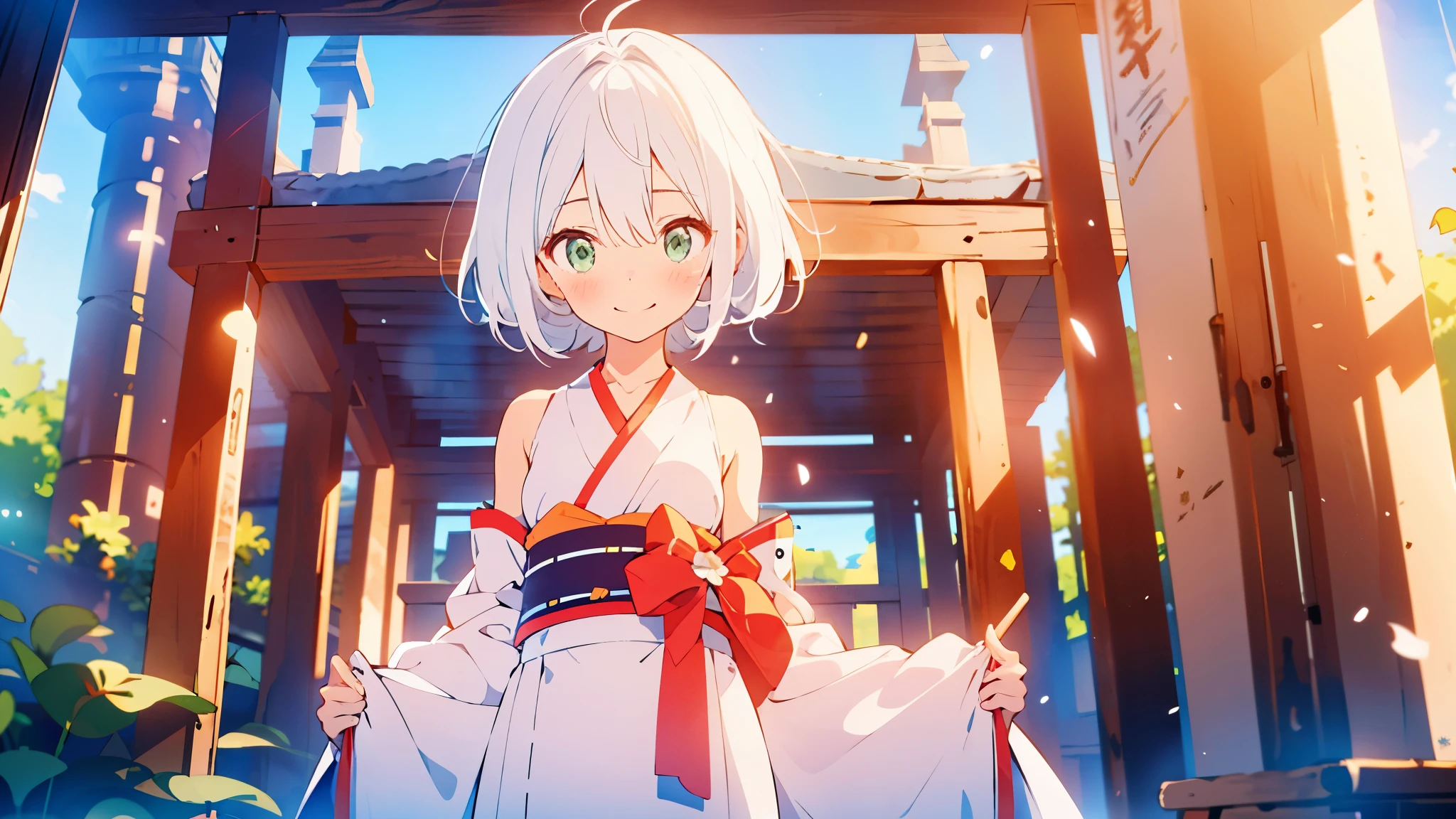 masterpiece, best quality, (((color trace))),looking at viewer,((short stature))
1girl, solo, open eyes,smile, standing, ((( white hair ))),green eyes,grim eyes, pigtail, blush, shortcut hair, small breasts, bare shoulders,day,Shrine eaves,kimono,Miko costume,