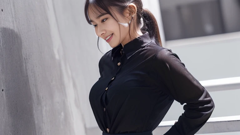 company employee、(Body turned to the side、Shooting from the side、Looking to the side,Shooting from the side:1.6),Not looking here、(General shirt、Wearing a white blouse、Wearing a typical business suit),(The fourth button on her blouse is slightly open.,Only the fourth button is open、White Button、All buttons except the fourth button are closed、A small amount of her chest is visible through the gap between the buttons.、The edge of the bra is visible through the gap between the buttons.:1.4),Mid-chest、slender、ponytail、Black Hair、Beauty、23 years old、cute、smile、(Long shirt:1.8),Tuck the shirt into the skirt