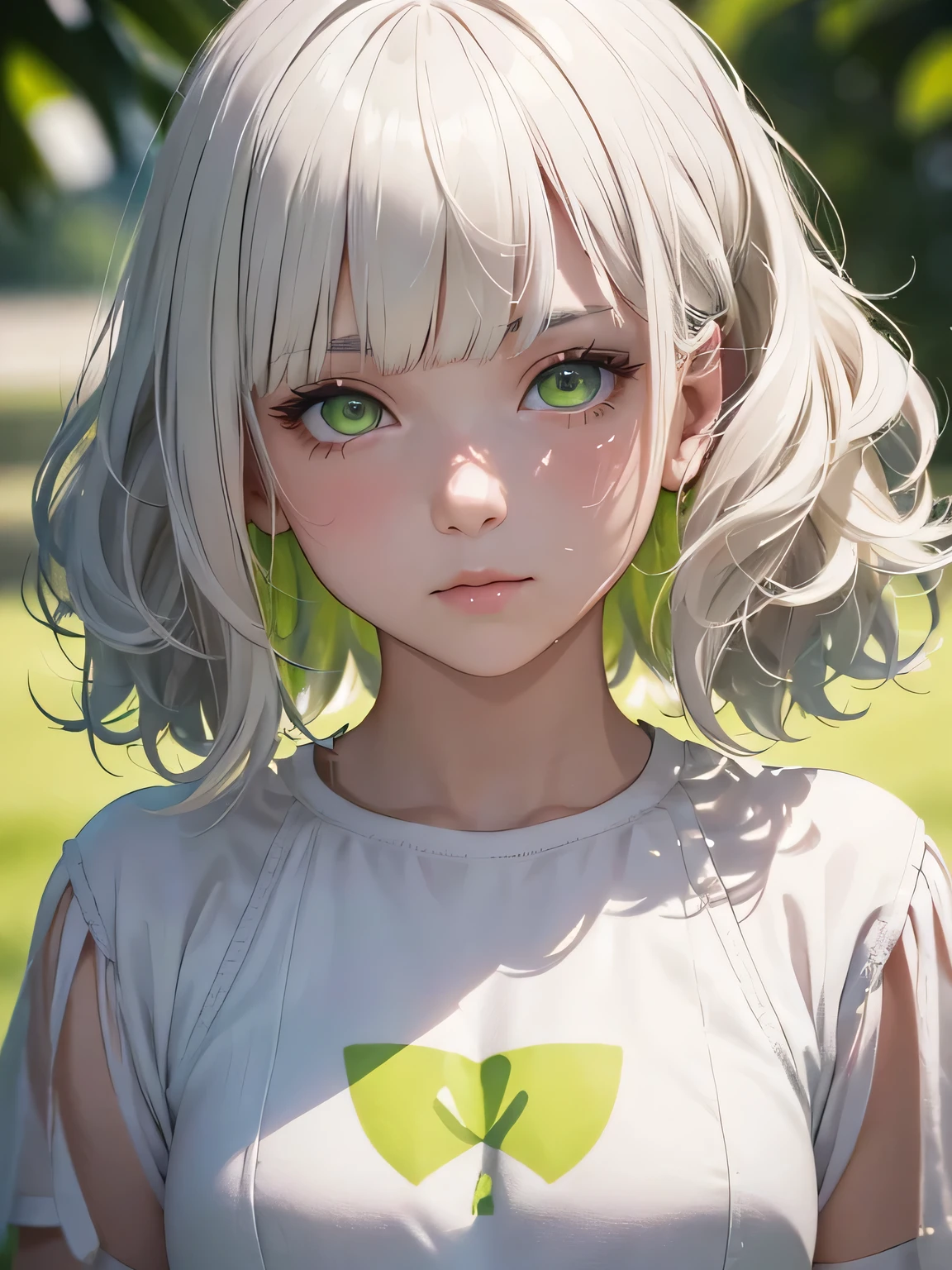 Masterpiece, best quality, high resolution, amazing details, 1 girl, (short wavy white hair), choppy bangs, ((downturned-shaped lime green eyes)), small eyes, portrait, close-up, from infront, looking at the camera, very fair skin, plain background, t shirt