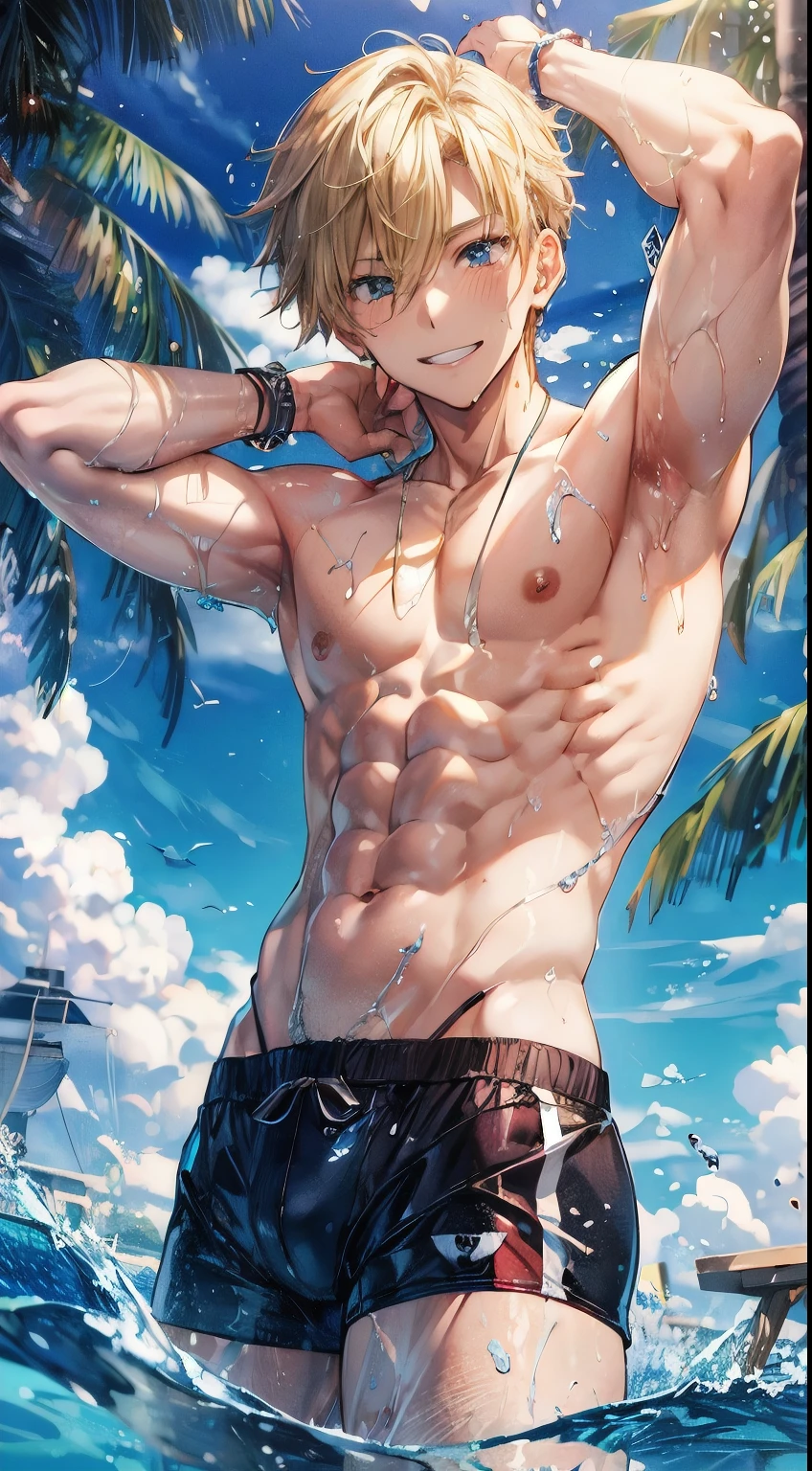 high quality, detailed, Realistic, (one 16 years old japanese boy), (detailed blue eyes), (abs:1.5), (shiny skin), detailed nipples, blond hair, (black tiny thong), (erected bulge), summer beach, (smile:0.8), close up face, (sweat:1.4)