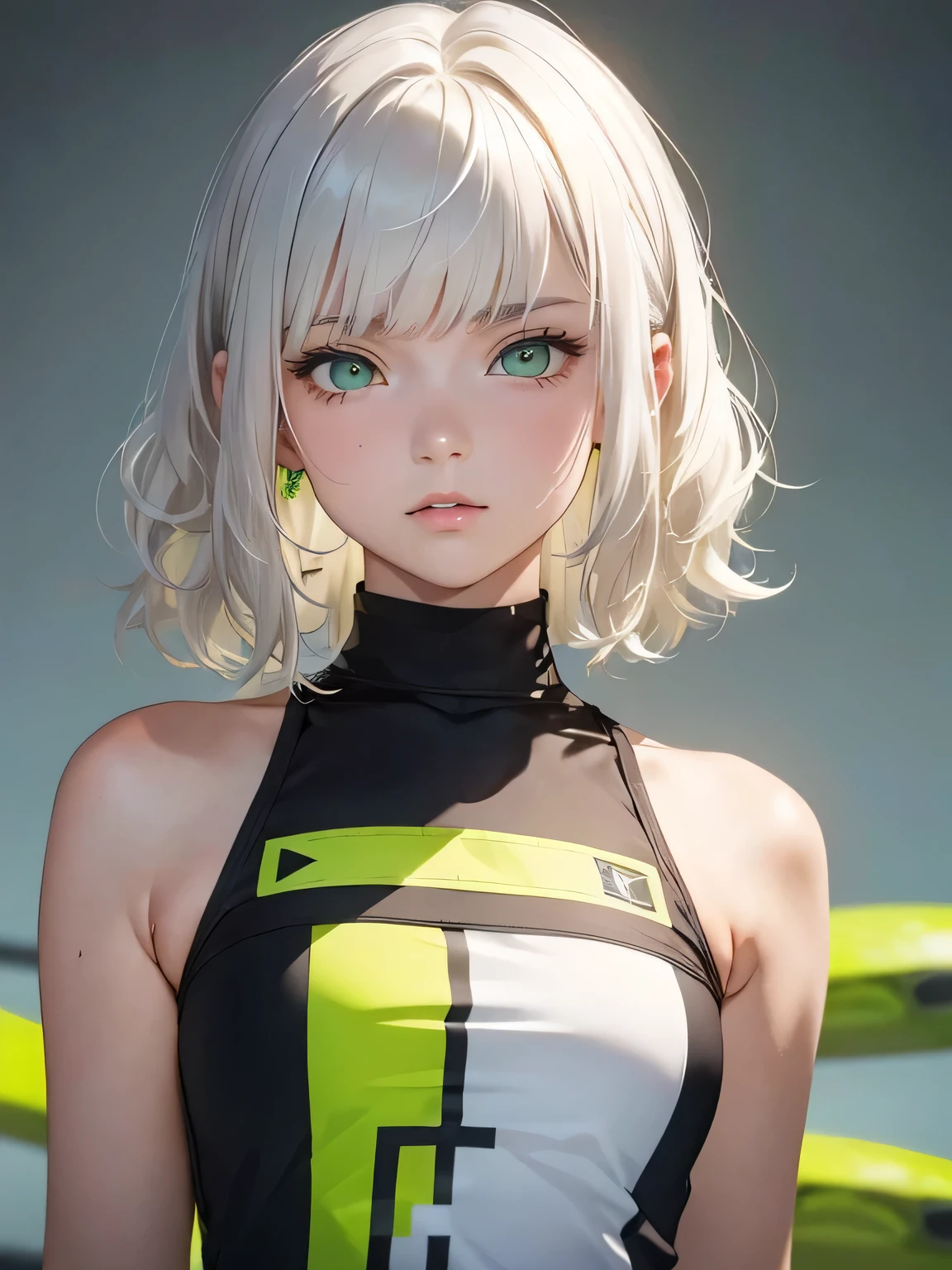 Masterpiece, best quality, high resolution, amazing details, 19 years old girl, (short wavy white hair), choppy bangs, ((downturned-shaped lime green eyes)), small eyes, portrait, close-up, from infront, looking at the camera, very fair skin, plain background, t shirt
