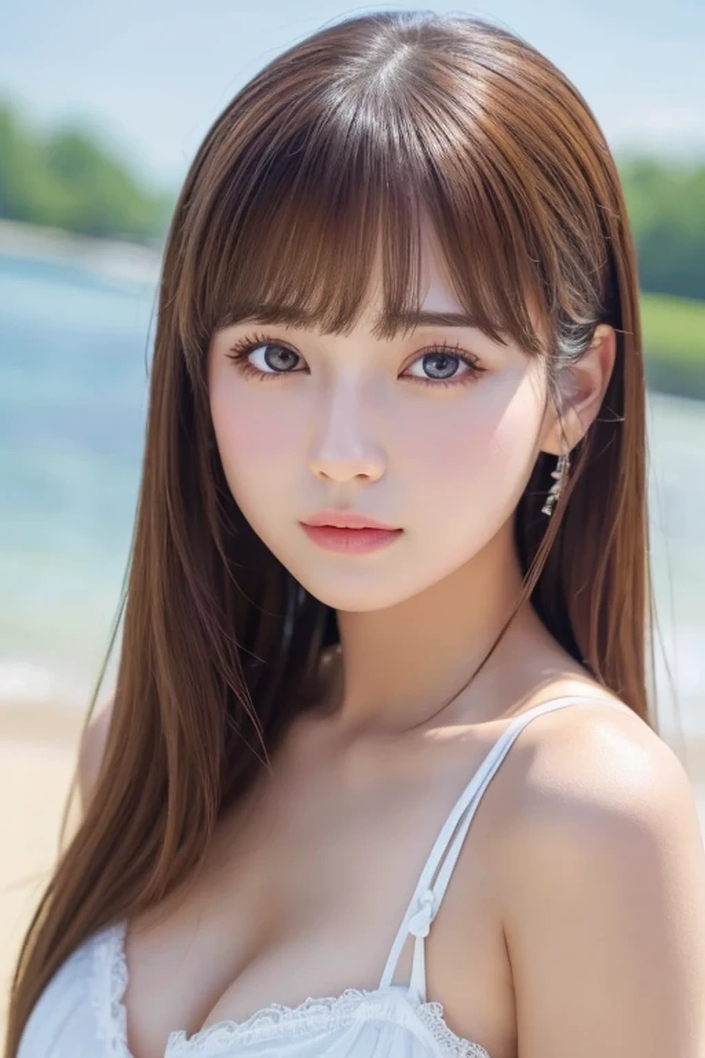 ((8K、highest quality))、Idol face、(((beautiful girl)))、bangs、(UHD、Realistic Skin、Anatomically correct : 1.3)、early summer