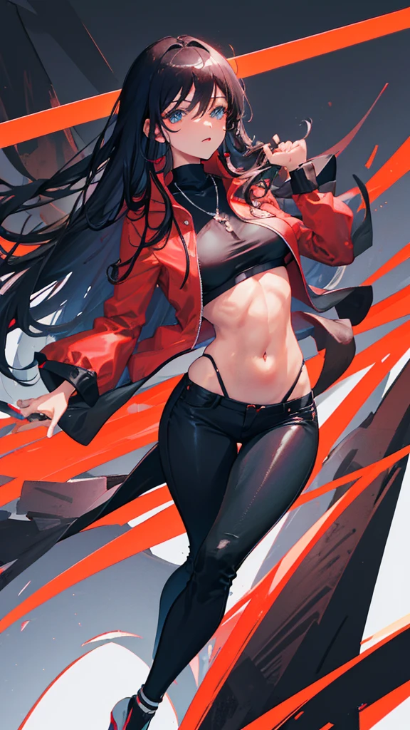 **Body:** a brown girl with long black hair and blue eyes,dark skin, big breast,big ass,sexy legs, cute but mature looking face and has a small mole just below right eye
**clothing:** wear a black form-fitting crop top that showcases your curves, paired with black skinny jeans that accentuate your physique.with a red overcoat shirt .The outfit is primarily in shades of red and black, giving you a bold appearance. To accessorize, you wear a silver pendant with a sparkling gemstone that matches your eyes, along with a pair of trendy heels to protect your feet during your journeys.as you had opened hair