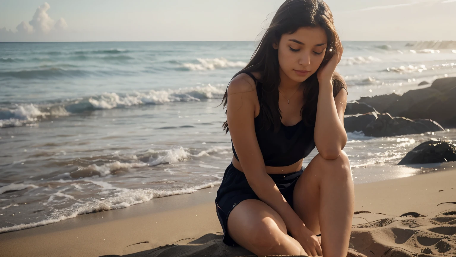 A beautiful morning in beach background and young lady sitting and thinking about her loved one.