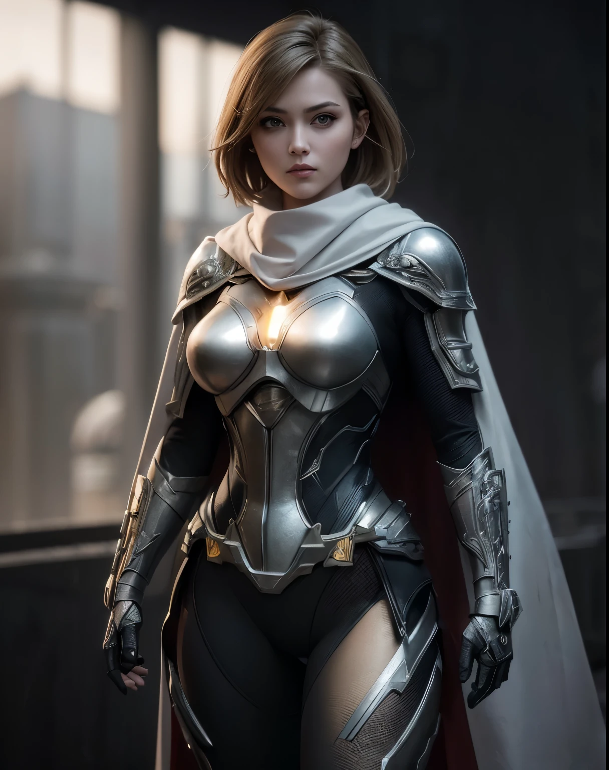 Waist up (perspective angle from bottom to top) super heroine hot girl (short bob blonde hair) (masterpiece), best quality, expressive eyes, perfect face, art in fantasy mythic action effect, sharp focus, wearing super detailed suit with mechanicles part & hero cape, cybersamurai, glowing, holding sword