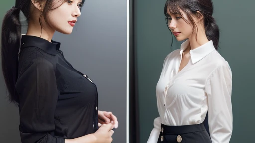 company employee、(Body turned to the side、Shooting from the side、Looking to the side,Shooting from the side:1.6),Not looking here、(General shirt、Wearing a white blouse、Wearing a typical business suit),(The fourth button on her blouse is slightly open.,Only the fourth button is open、White Button、All buttons except the fourth button are closed、A small amount of her chest is visible through the gap between the buttons.、The edge of the bra is visible through the gap between the buttons.:1.4),Mid-chest、slender、ponytail、Black Hair、Beauty、23 years old、cute、smile、(Long shirt:1.8),Tuck the shirt into the skirt