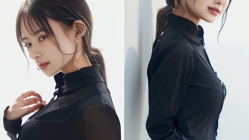 company employee、(Body turned to the side、Shooting from the side、Looking to the side,Shooting from the side:1.6),Not looking here、(General shirt、Wearing a white blouse、Wearing a typical business suit),(The fourth button on her blouse is slightly open.,Only the fourth button is open、White Button、All buttons except the fourth button are closed、A small amount of her chest is visible through the gap between the buttons.、The edge of the bra is visible through the gap between the buttons.:1.4),Mid-chest、slender、ponytail、Black Hair、Beauty、23 years old、cute、smile、(Long shirt:1.8),Tuck the shirt into the skirt