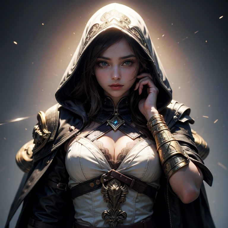 A full-body shot of depraved Princess Zelda, brown hair, blue eyes, dressed as an Assassin from Assassins Creed, in white+gold witha white mask and hood with gold details, XL bust, using a wrist blade. Background: A city during the renaissance period. Unreal Engine 5, Anime, Anime style, Masterpiece, Well drawn eyes, well drawn face, well detailed eyes, well detailed face, 8k, light and shadow effect.