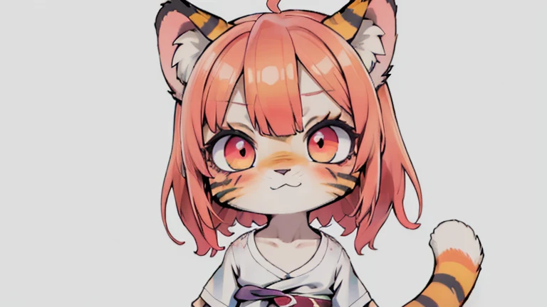 (obra maestra, Alta calidad, mejor calidad, 8K, high resolution), ((estilo chibii, Chibi lindo)), (solo, 1 girl), {Tiger Girl, cara de tigre, 2 colmillos, long eyelashes, delineador de ojos} {bigotes de tigre}, (((Piel de tigre por todo el cuerpo., Rayas de tigre en el cuerpo.))), (pelo naranja), cabello corto, Pinza para el cabello, [[Pinza para el cabello white flower on hair]], ((Muy feliz)), ((boca abierta)), ojos naranjas, [pupilas negras], ((buscando)), (very small breasts), brazos delgados, (un brazo arriba, un brazo hacia abajo), axilas, ((mini camiseta rosa, camiseta rosa completa)), {shorts blancos}, {{{mini cola de tigre, Cola en la espalda}}}, (cuerpo completo), (((de pie, jump angle))), dynamic pose, Fondo blanco, fondo sencillo, ((((Estilo Tora-chan no Hanayome)))), (old anime style 40s), estilo animado, anime color.