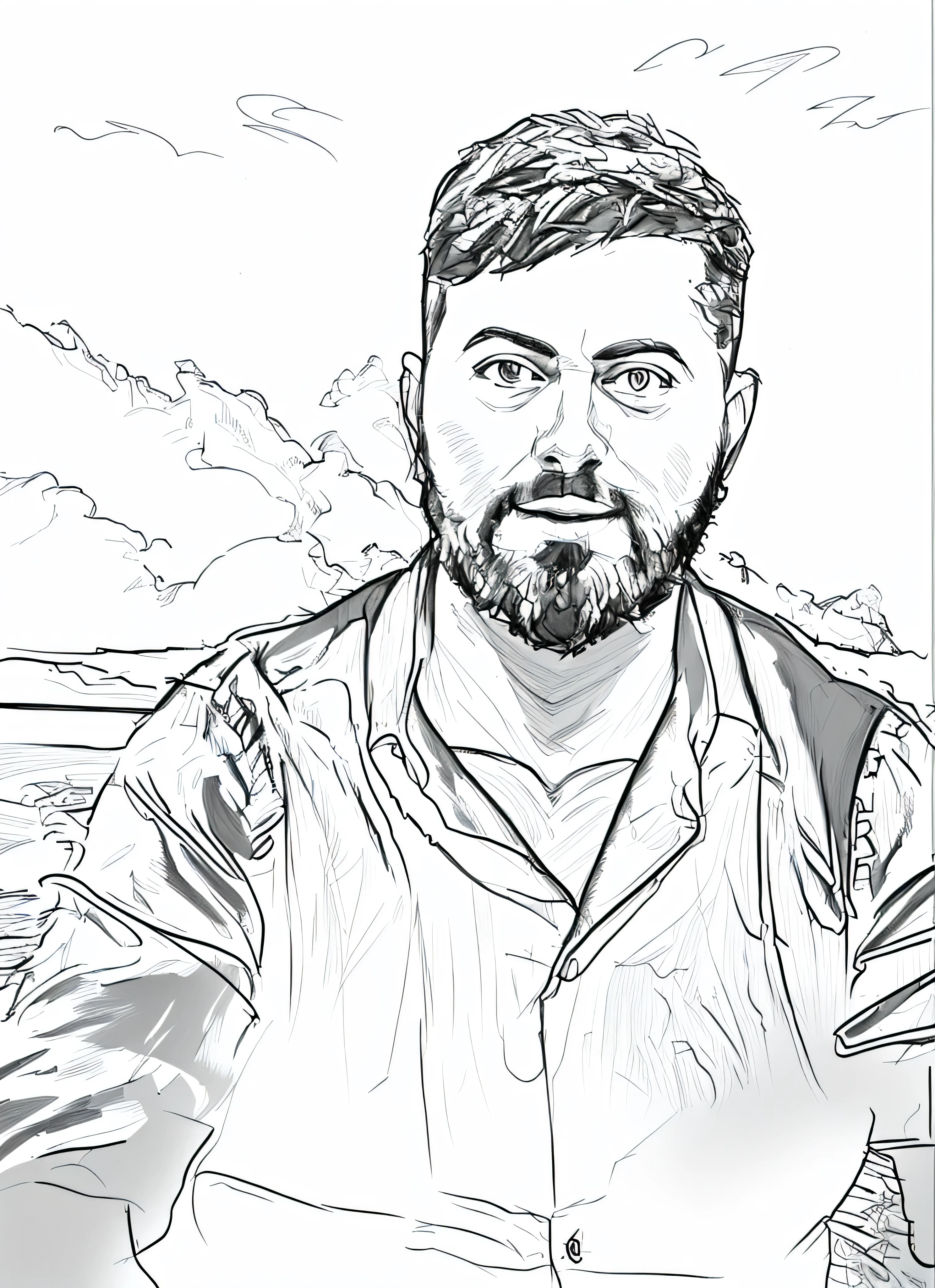 Homem de barba, fundo nuvens escuras, line drawing, Ultra HD, 4K