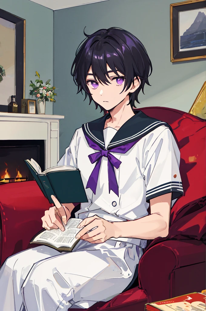 ((man)),Mature,university student,Black short hair,Purple Eyes,White sailor suit,Short sleeve,living room,Bow your head,Sitting and reading,Gentle,