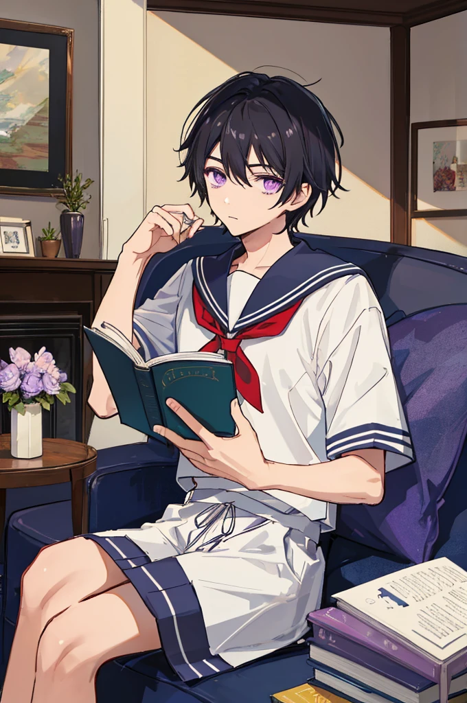 ((man)),Mature,university student,Black short hair,Purple Eyes,White sailor suit,Short sleeve,living room,Bow your head,Sitting and reading,Gentle,