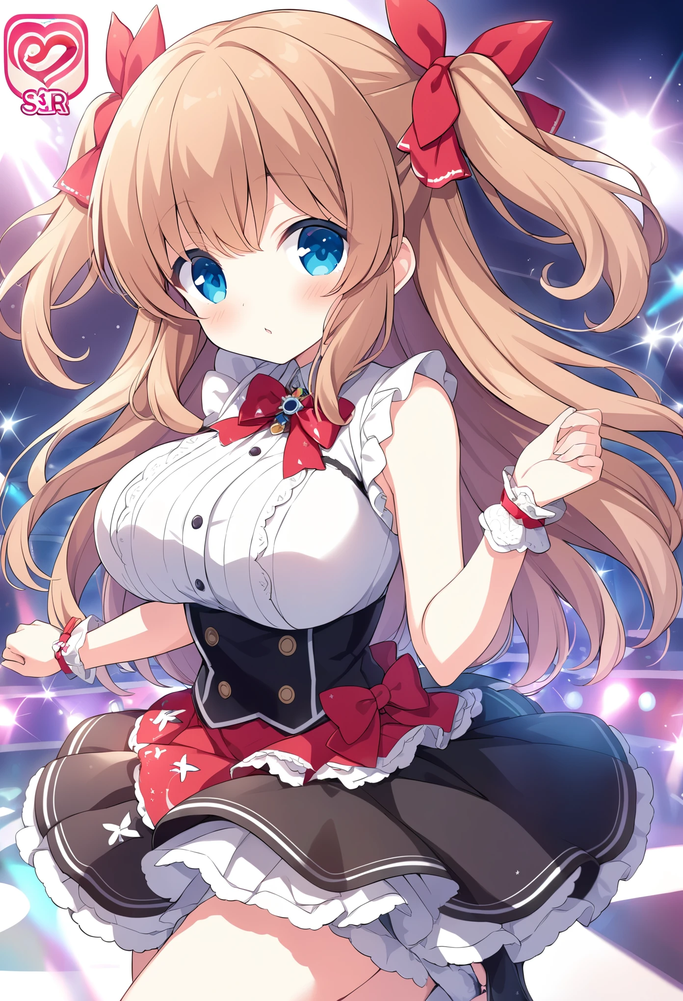 yuukinae, brown hair, two side up, hair ribbon, red ribbon, long hair, blue eyes,, large breasts, live stage, solo