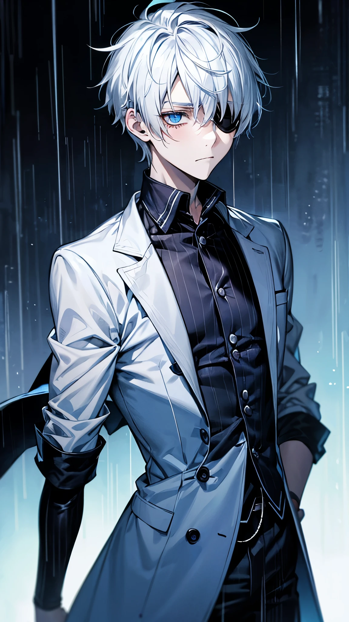 Blue eyes, white hair, male, teenager, short hair, depressed, sad, emo, emotionless, tired, stressed, raining, medical eyepatch