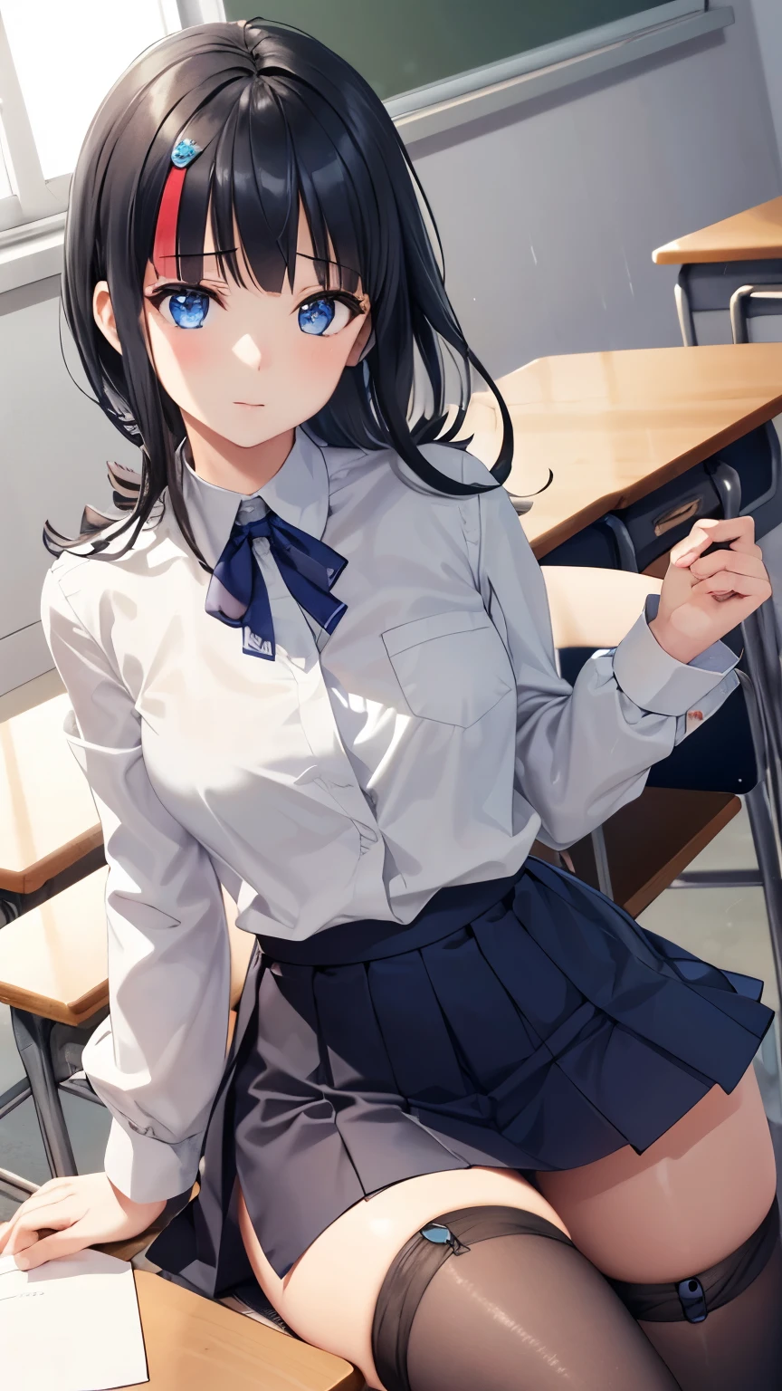 masterpiece, great quality, ultra detail, illustration, game cg, 1girl, solo, (FGOErice), sitting, white button up shirt, pleated miniskirt, classroom, bored, thigh highs