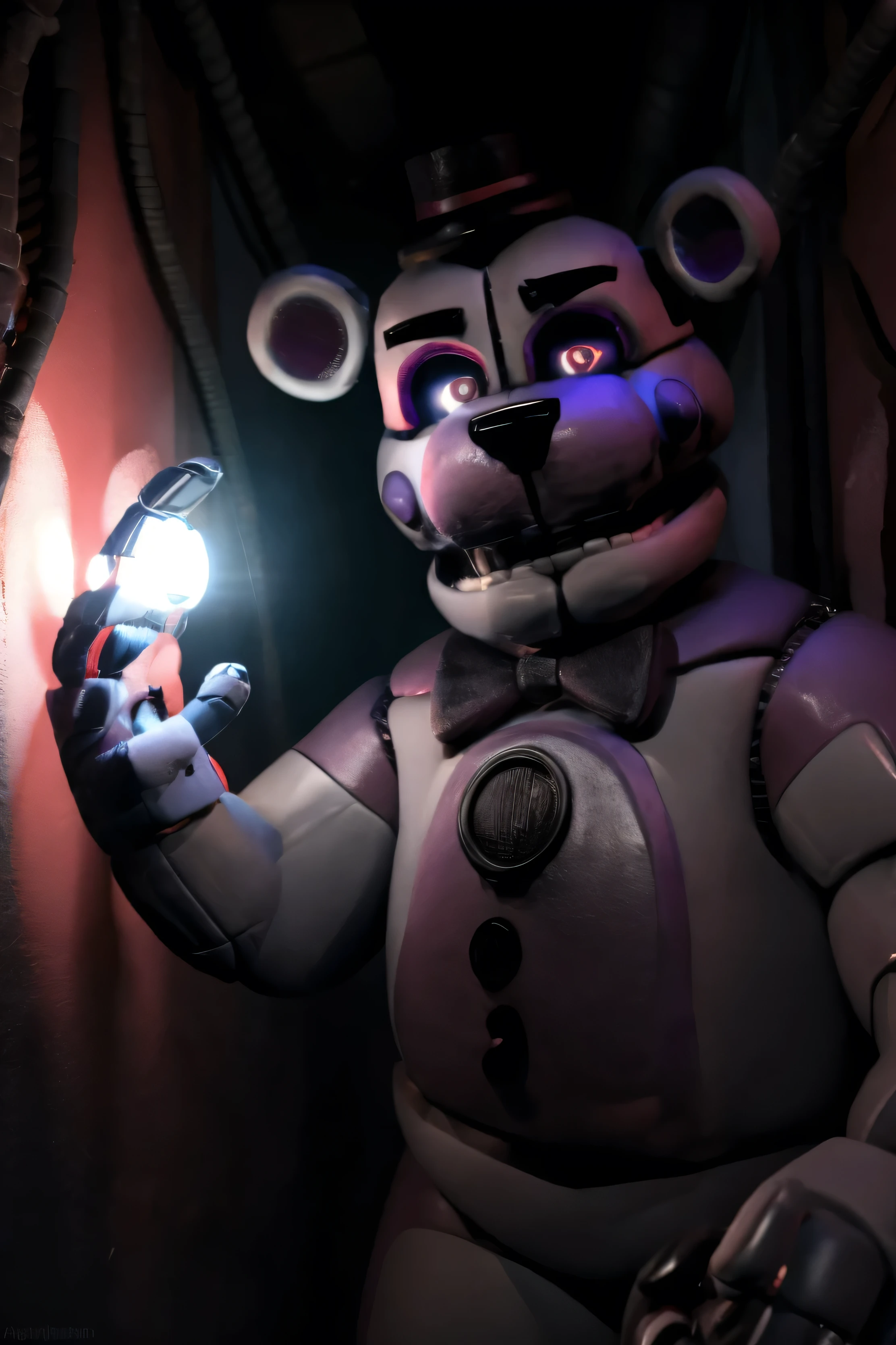 (funfreddy), wide jawline, 4k, hi res, 8k, detailed eyes, 8k eyes, eyes focus, red eyes, ((glowing eyes)), aggressive Red lens flare, underground, factory, machinery, no lights, (((pitch black setting))), flashlight in face pov, ((hand reaching out at viewer)), Masterpiece, ultra detailed, realistic, detailed, full view, funfreddy