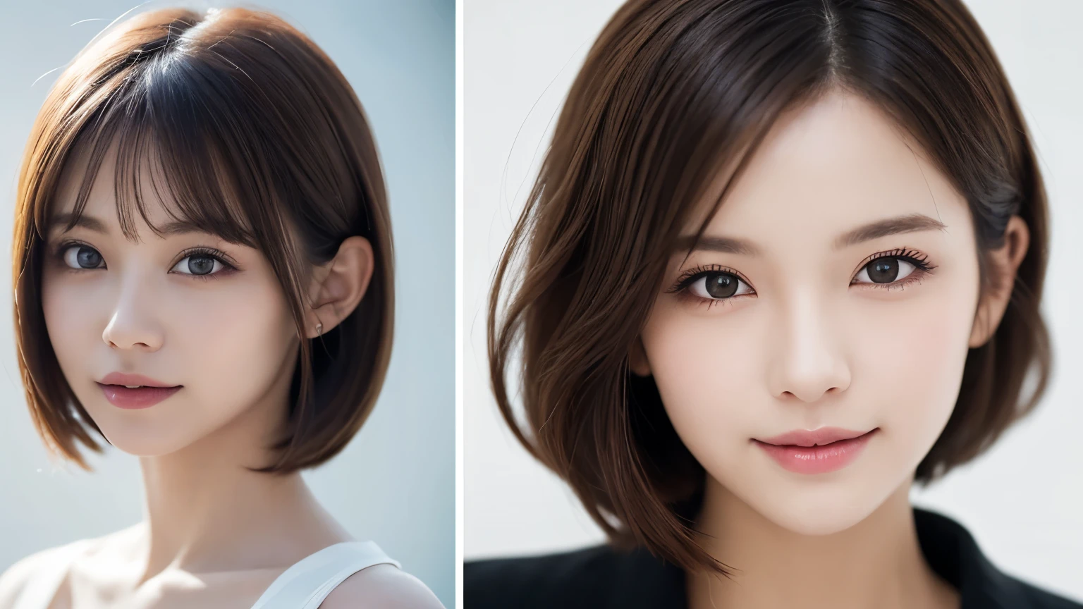 One Girl, (Wear trendy fashion:1.2), (RAW Photos, highest quality), (Realistic, Realistic:1.4), Tabletop, Very delicate and beautiful, Very detailed, 2k wallpaper, wonderful, In detail, Very detailedな CG Unity 8K 壁紙, Very detailedな, High resolution, Soft Light, Beautiful detailed girl, Looking into the camera、Very detailedな目と顔, Beautiful and sophisticated nose, Beautiful details, Short Hair, small, Grey clothes、White Background、Background is white、Cinema Lighting, Perfect Anatomy, Slender body, smile,