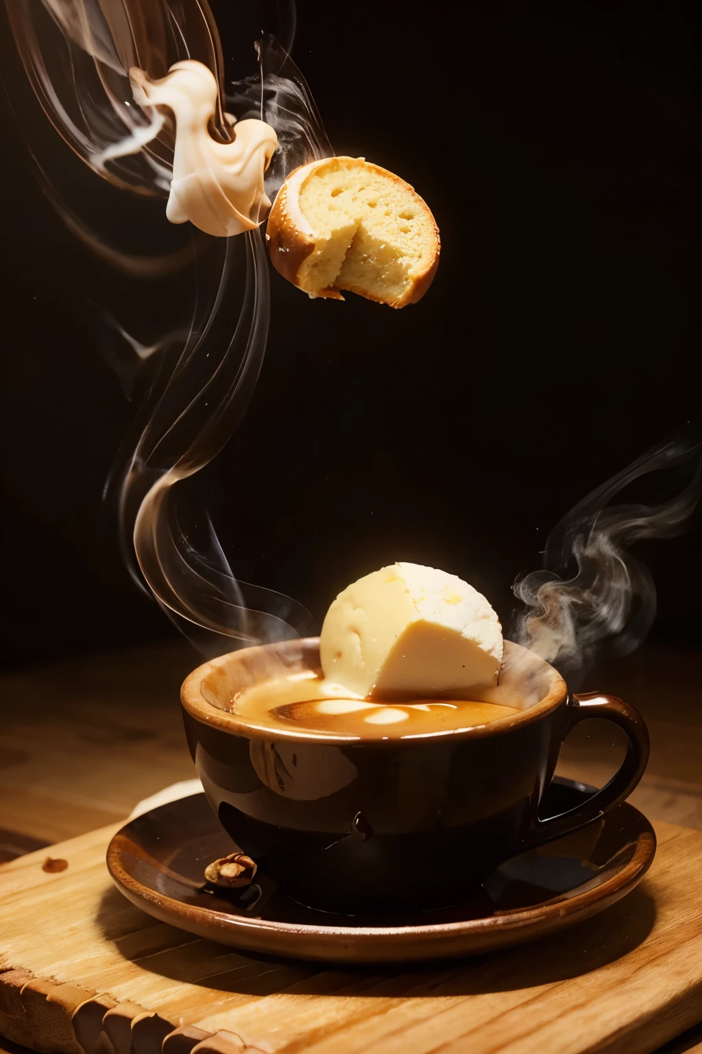 Create for me a photograph of a cup of espresso coffee coming out of smoke and on the right side a delicious cheese bread filled with hazelnut cream