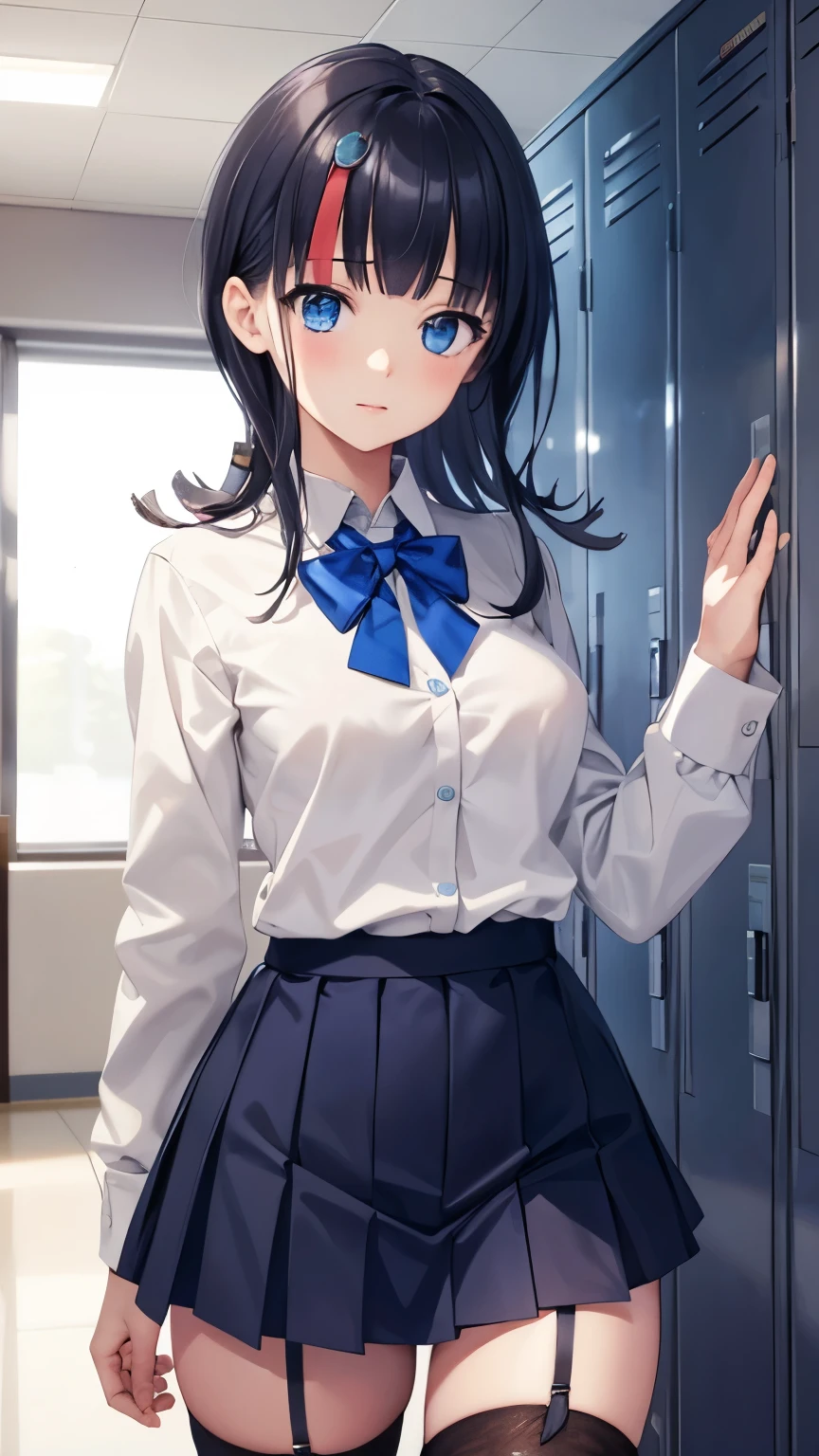 masterpiece, great quality, ultra detail, illustration, game cg, 1girl, solo, (FGOErice), white button up shirt, pleated miniskirt, school hallway, locker, thigh highs