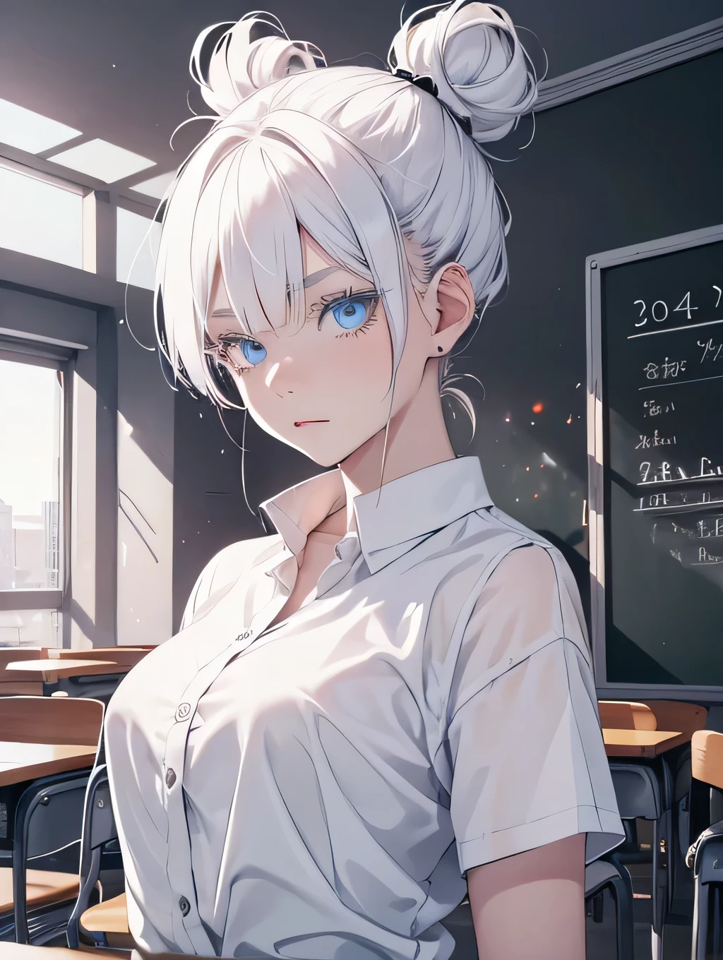 Woman, age 18, white hiar, hair bun, wears round sunglasess, white eyebrows, white eyelash, white eyelashes, albino, detailed eyes, glowing eyes, galaxy eyes, wearing black shirt, black clothing, in classroom, school, high quality, 4k resolution, anime