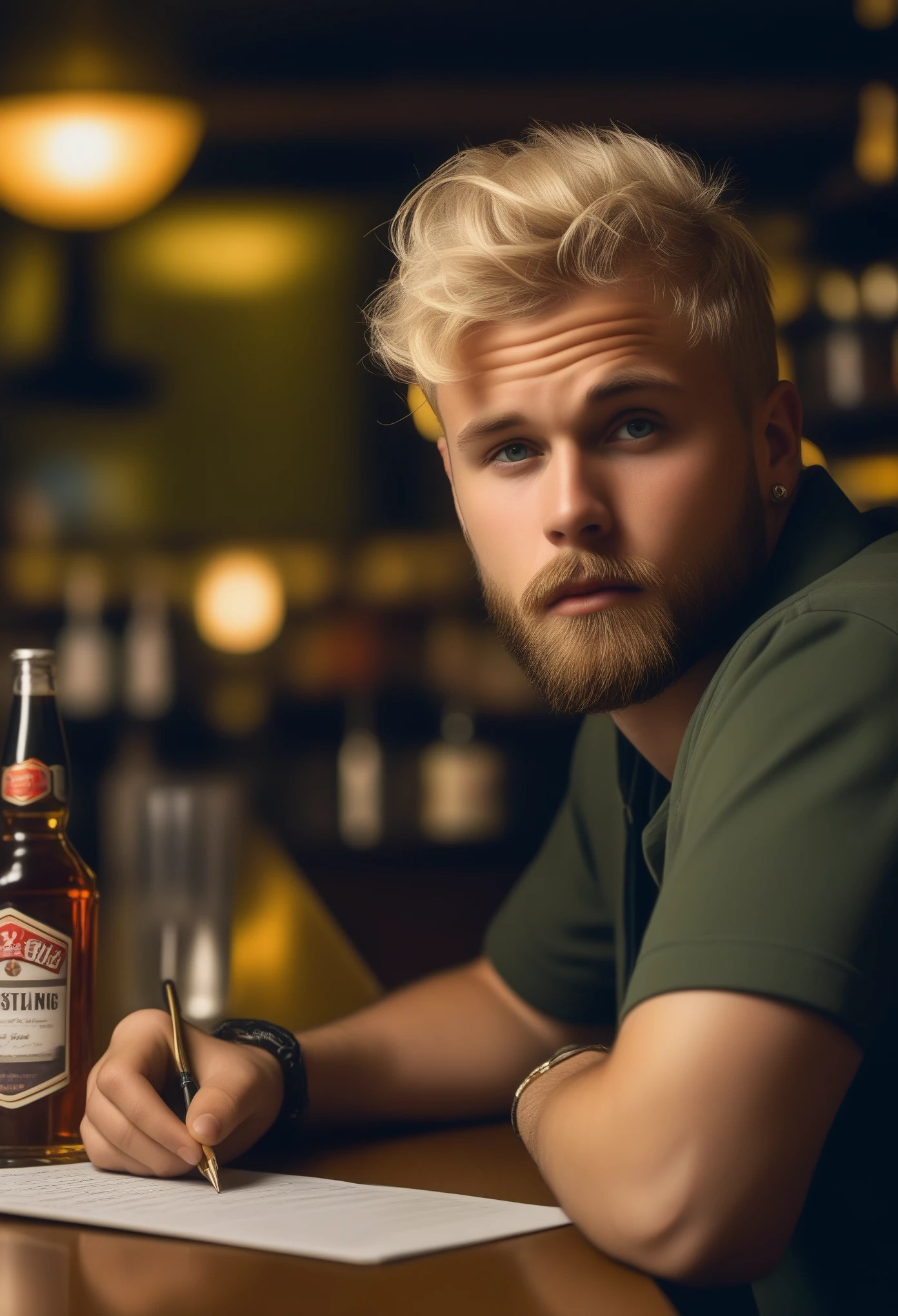 Man, striking face, blond hair, short beard, european type, rapper, writing his lyrics, bar, bar counter, bar stool, whiskey, pad and pen,