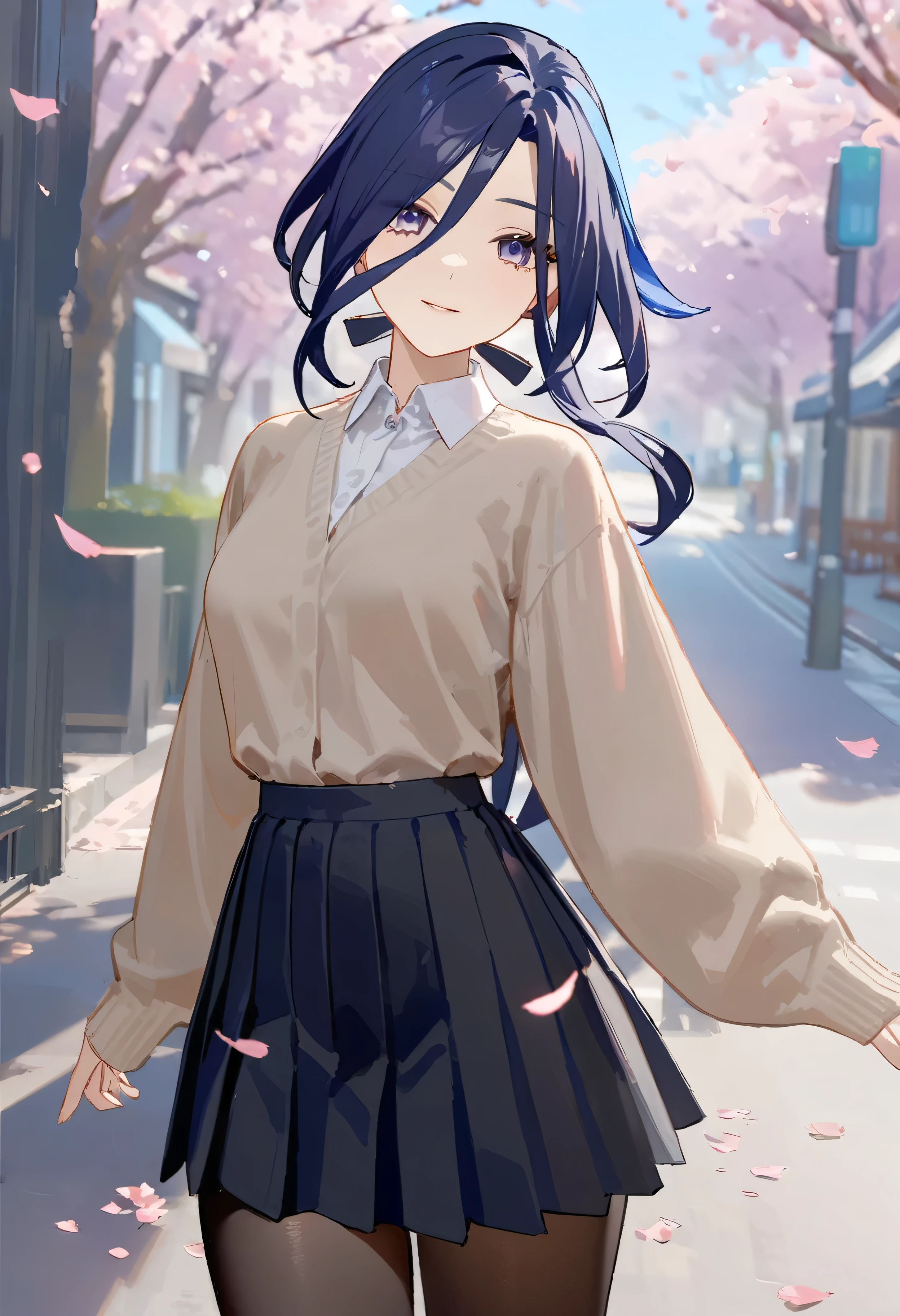 masterpiece, best quality, perfect features, intricate details, ray tracing, newest,(hitenkei, askzy:0.4), 1girl, clorinde \(genshin impact\), solo, , white collared shirt, sweater, pleated skirt, black pantyhose, light smile, looking at viewer, outdoors, street, cherry blossoms, petals, depth of field 