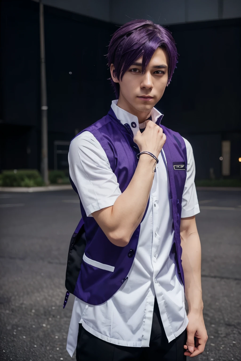 sweather vest school, white shirt, black pants, anime cosplay, professional cosplay, as an anime character, male anime style, with purple hair, handsome anime full pose, male, purple colored, real, purple color, with purple skin, cosplayer, sky purle straight hair, cosplay, blue short hair, character from anime, graphic real not ai, full pose.