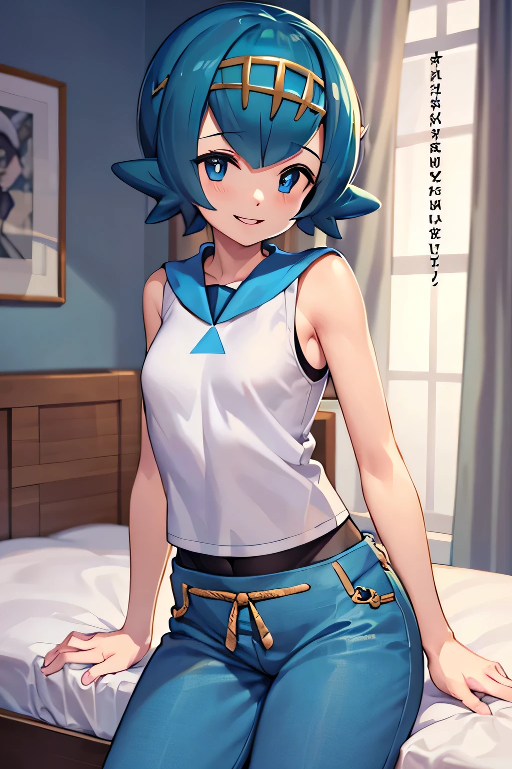 Translate text with the camera
(masterpiece, best quality)),
Lana_Pokemon, sailor collar, sleeveless t-shirt, blue pants, 
alone, smiling, looking at viewer, cowboy shot, 
bed bottom, film composition, man, sitting on bed with, pants open, penis, masturbation, (cum)