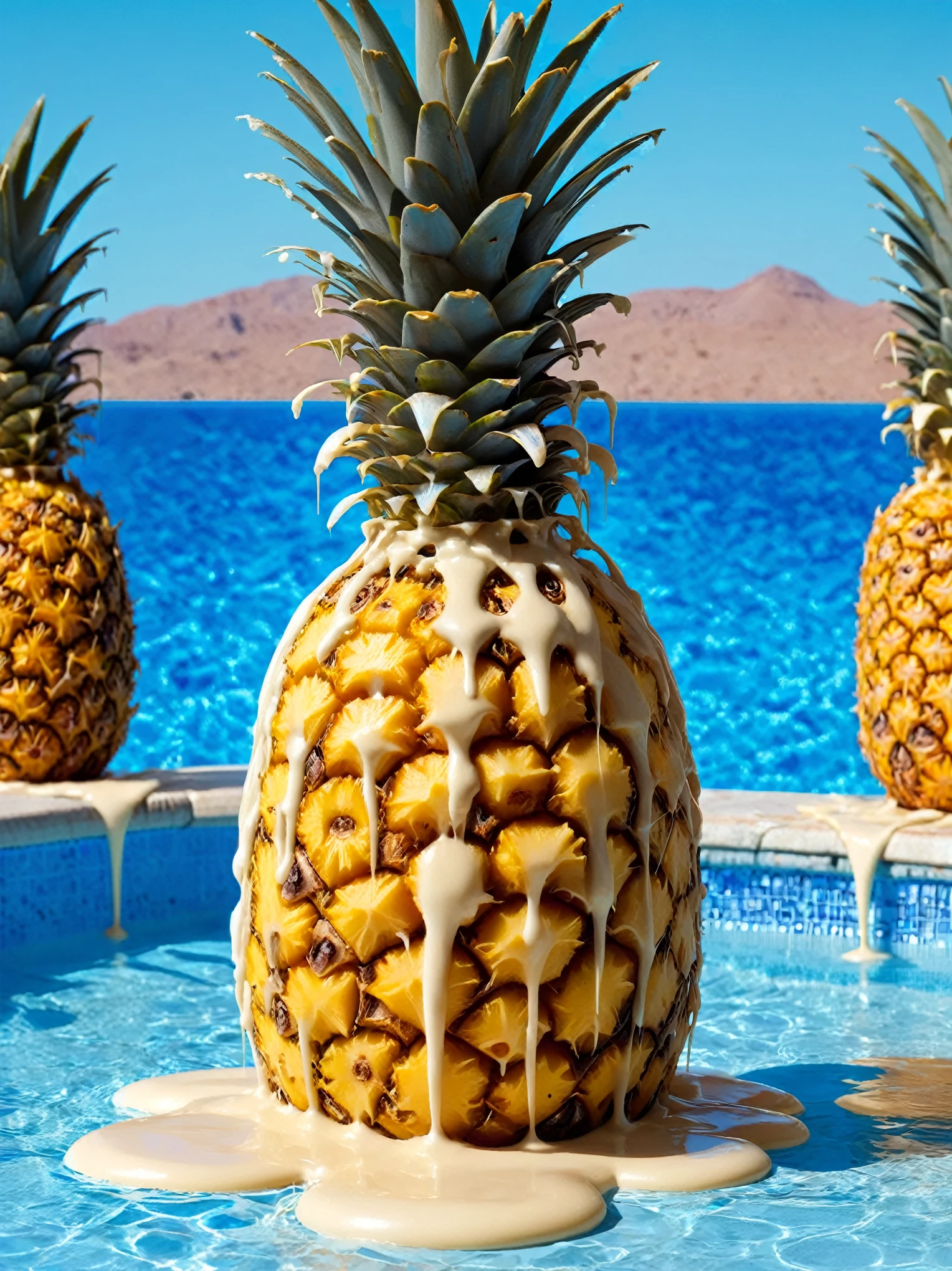 white ais-chocsauce pineapple next to a blue pool with clear sky background