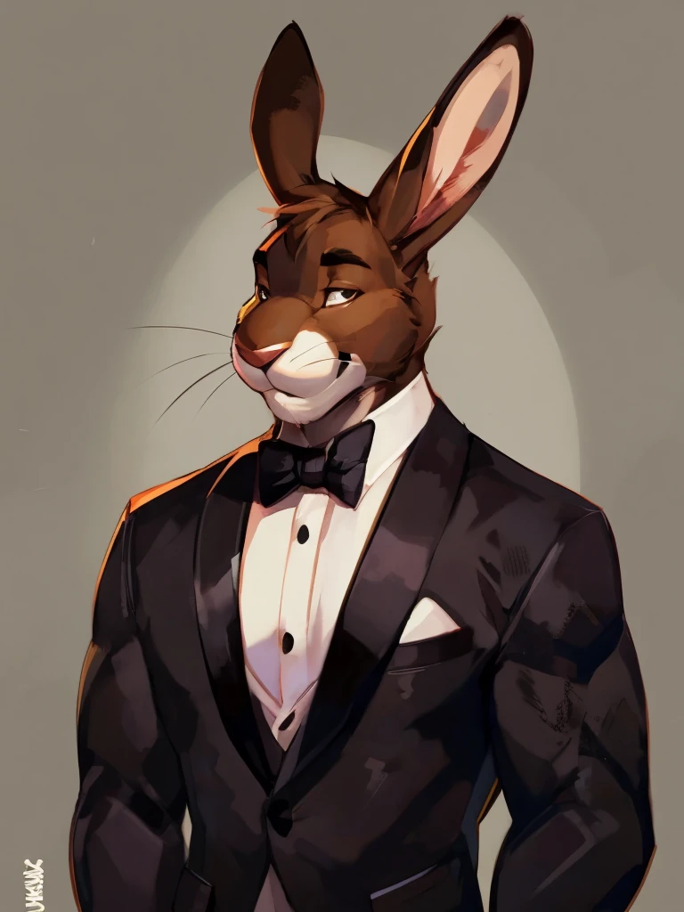 Light brown hare, in one color tone, with long ears, in tuxedo, black tuxedo, chest, big chest view, By mystikfox61