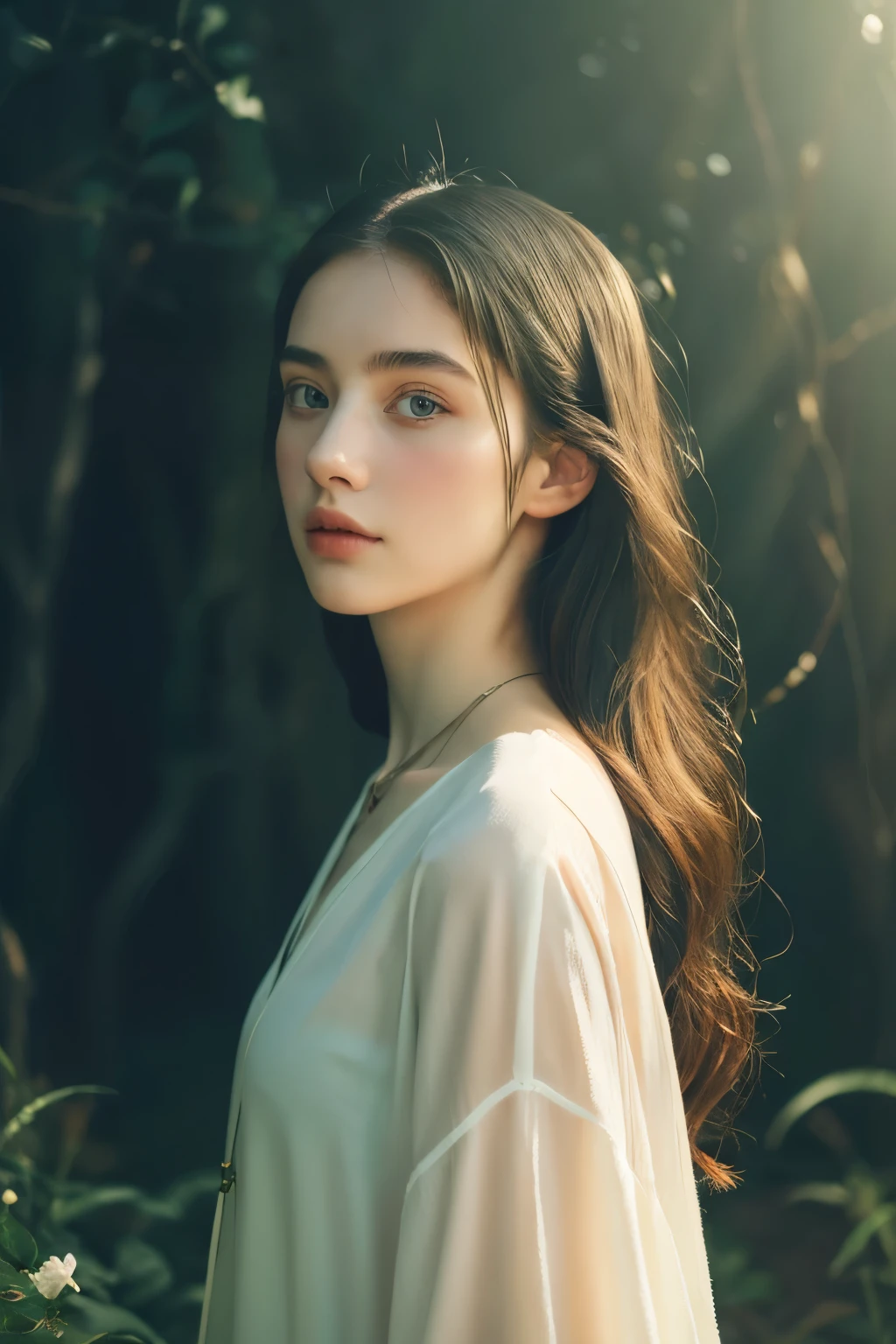 ( masterpiece, top quality, best quality,8k,17 years old girl,ultra detailed,raw photo:1.5),(photorealistic:1.4), (cinematic lighting), PerfectNwsjMajic, , Surrealism, UHD, ccurate, Super detail, textured skin, High detail, Best quality, dynamic angle, White skin,[Beautiful blue eyes], high nose,[flat chest:large breasts:0.5],(1girl),(good anatomy:0.5)), Dreamy atmosphere, Dark,expressive brush strokes, mystical ambiance, Artistic interpretation, Stunning Studio Ghibli style costumes, a whimsical illustration, Subtle colors and tones, mystical aura, jewelry ,sparkling,loose hair , white outfit 