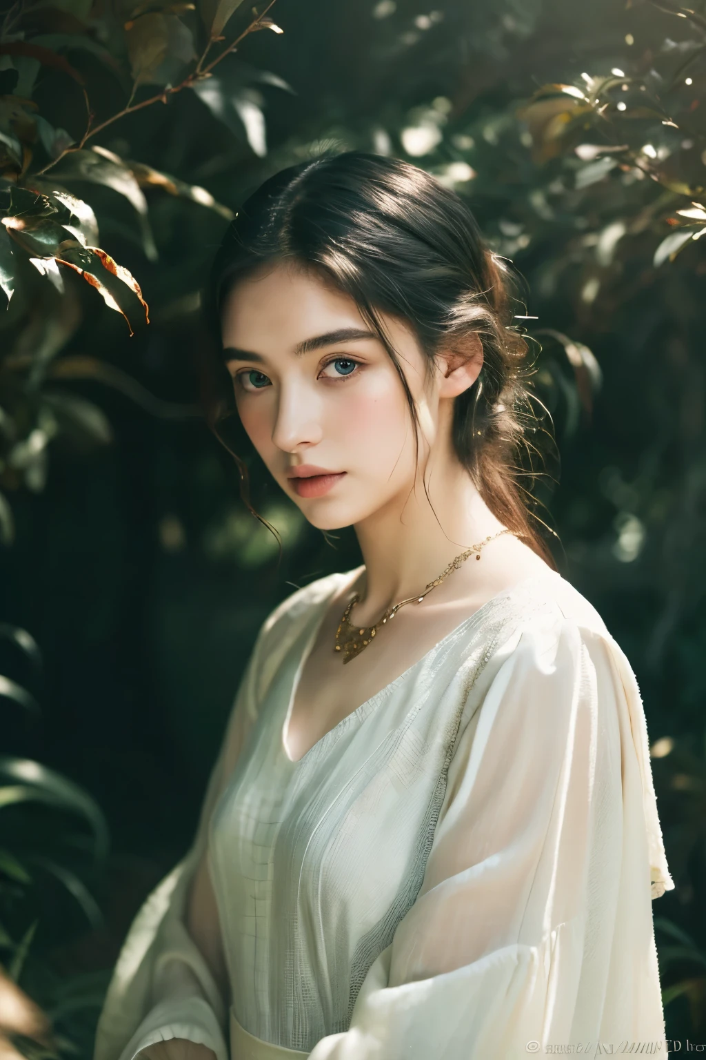 ( masterpiece, top quality, best quality,8k,17 years old girl,ultra detailed,raw photo:1.5),(photorealistic:1.4), (cinematic lighting), PerfectNwsjMajic, , Surrealism, UHD, ccurate, Super detail, textured skin, High detail, Best quality, dynamic angle, White skin,[Beautiful blue eyes], high nose,[flat chest:large breasts:0.5],(1girl),(good anatomy:0.5)), Dreamy atmosphere, Dark,expressive brush strokes, mystical ambiance, Artistic interpretation, Stunning Studio Ghibli style costumes, a whimsical illustration, Subtle colors and tones, mystical aura, jewelry ,sparkling,loose hair , white outfit 