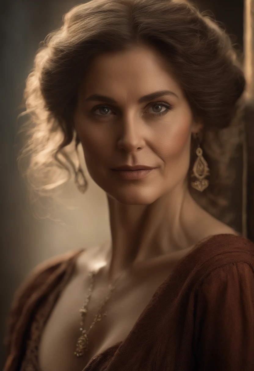 a 40 years old woman, middle aged woman, big breasts, photorealistic, middle ages, tribal face tattoos, hyper detailed, ultra realistic, masterpiece, oil painting, chiaroscuro, dramatic lighting, intricate details, cinematic, highly detailed face, beautiful detailed eyes, beautiful detailed lips, extremely detailed face, realistic skin texture, pores and wrinkles, delicate facial features, elegant hairstyle, middle aged woman, mature woman, confident expression, dignified pose, beautiful woman, cinematic lighting, warm color palette, renaissance style, classical realism