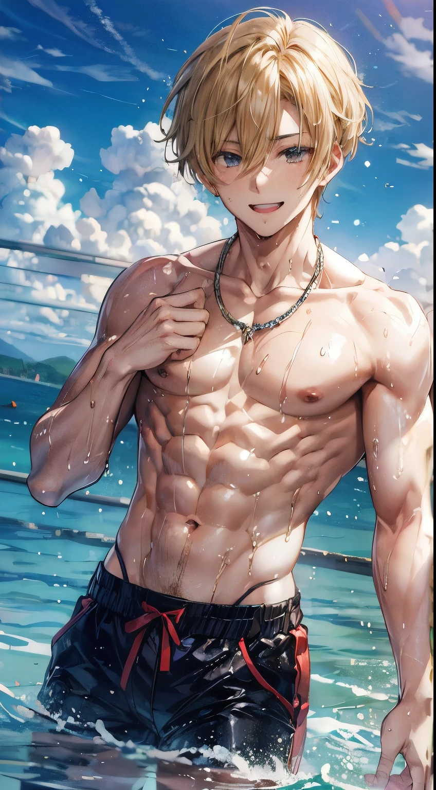 masterpiece, highest quality, At seamale,I can see your abdominal muscles,Handsome,smile,Blonde Hair,Wet,I&#39;m surfing,blue eyes,beautiful,cool,male,coolmale,No clothes,とてもcool,Prince,upscale,At sea,throne