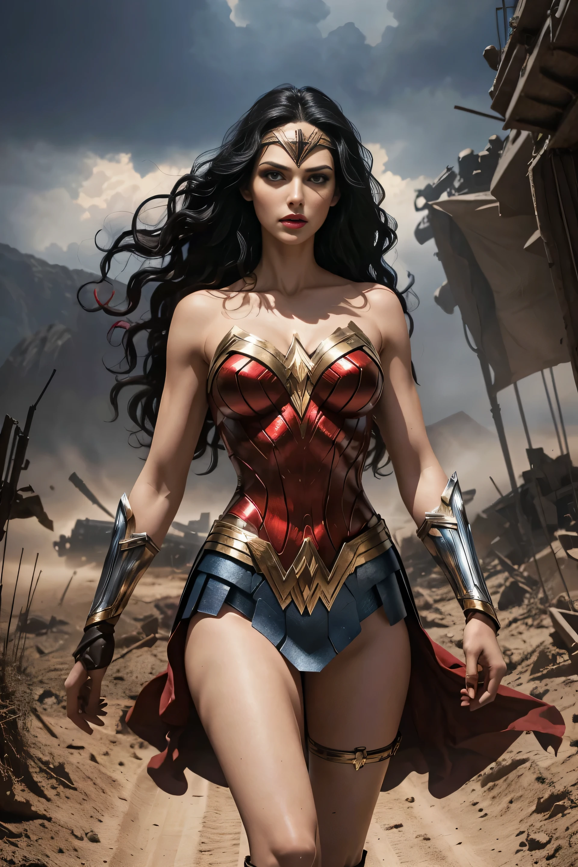full body a scene from a movie Expansive landscapes dark fantasy image full - length dark force dominated evil superheroine alias Wonder Woman long black wavy hair, blue eyes, red lips, thin tall perfect figure, perfect thighs, long shapely legs tall perfect figure, perfect thighs, long shapely legs, alliance action scene, runs on a World War I battlefield, dramatic, cinematic style, Ethereal landscapes, Vibrant colors, Intricate details