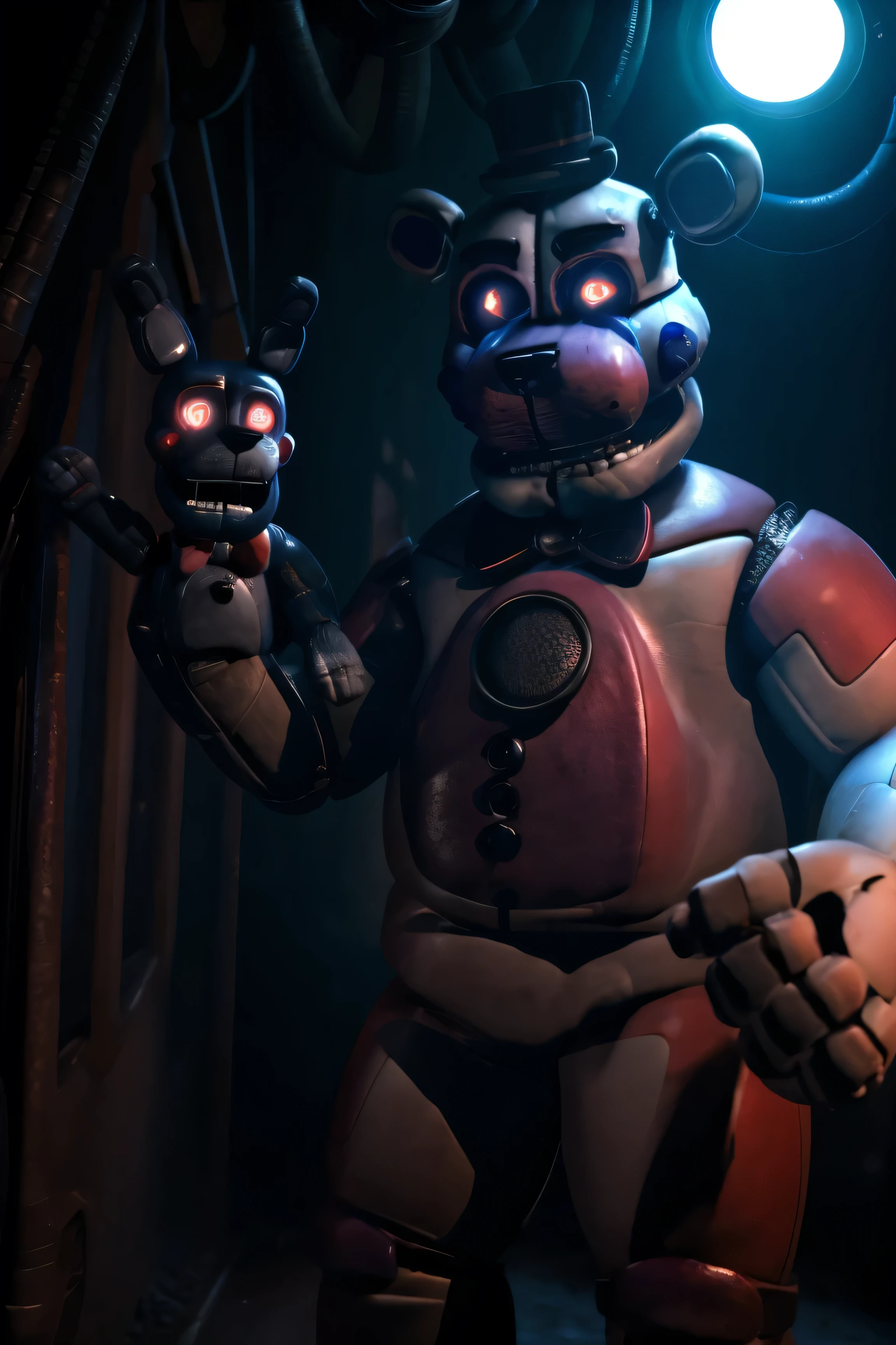 ((funfreddy)), wide jawline, 4k, hi res, 8k, detailed eyes, 8k eyes, eyes focus, red eyes, ((glowing eyes)), aggressive Red lens flare, underground, factory, machinery, no lights, (((pitch black setting))), (((hand reaching out at viewer))), Masterpiece, ultra detailed, realistic, detailed, full view, funfreddy