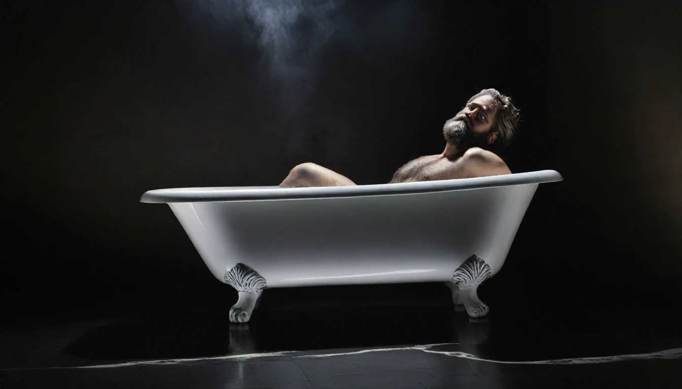 A white statue of a bearded man lying in a white bath, in a very dark spacious room with black marble floor, steam goes up from bath, mist, low key, one light source up top, rim light, chiaroscuro, photorealistic 