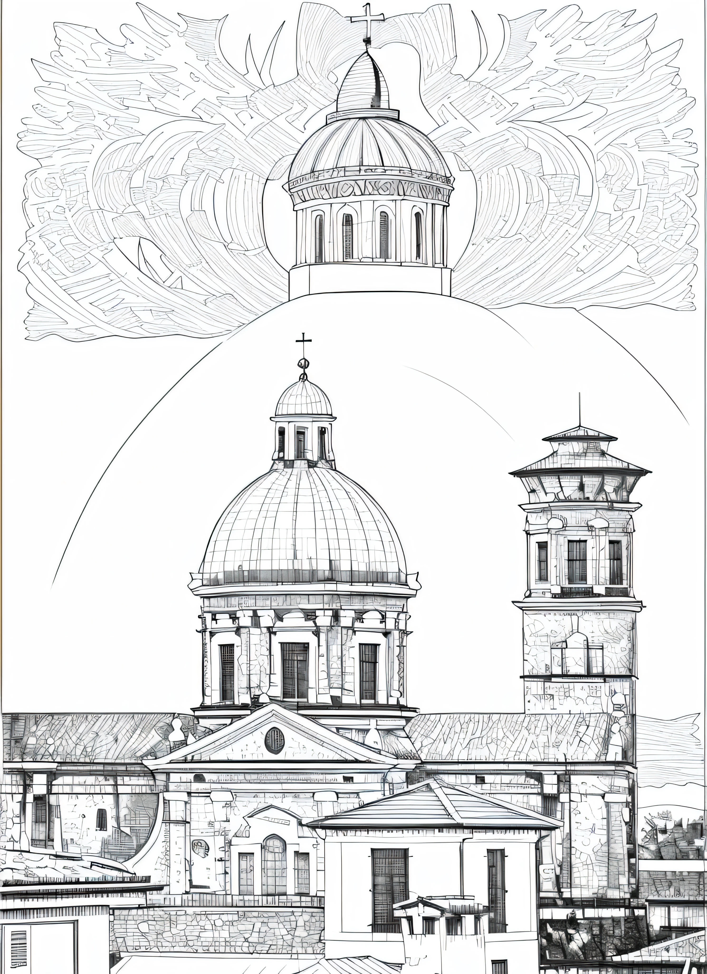 Reproduction of a cathedral, highlighting the main dome with a cross on top and the adjacent bell tower. Capte os detalhes detalhados da fachada frontal, incluindo as colunas e ornamentos., line drawing, Ultra HD, 4K