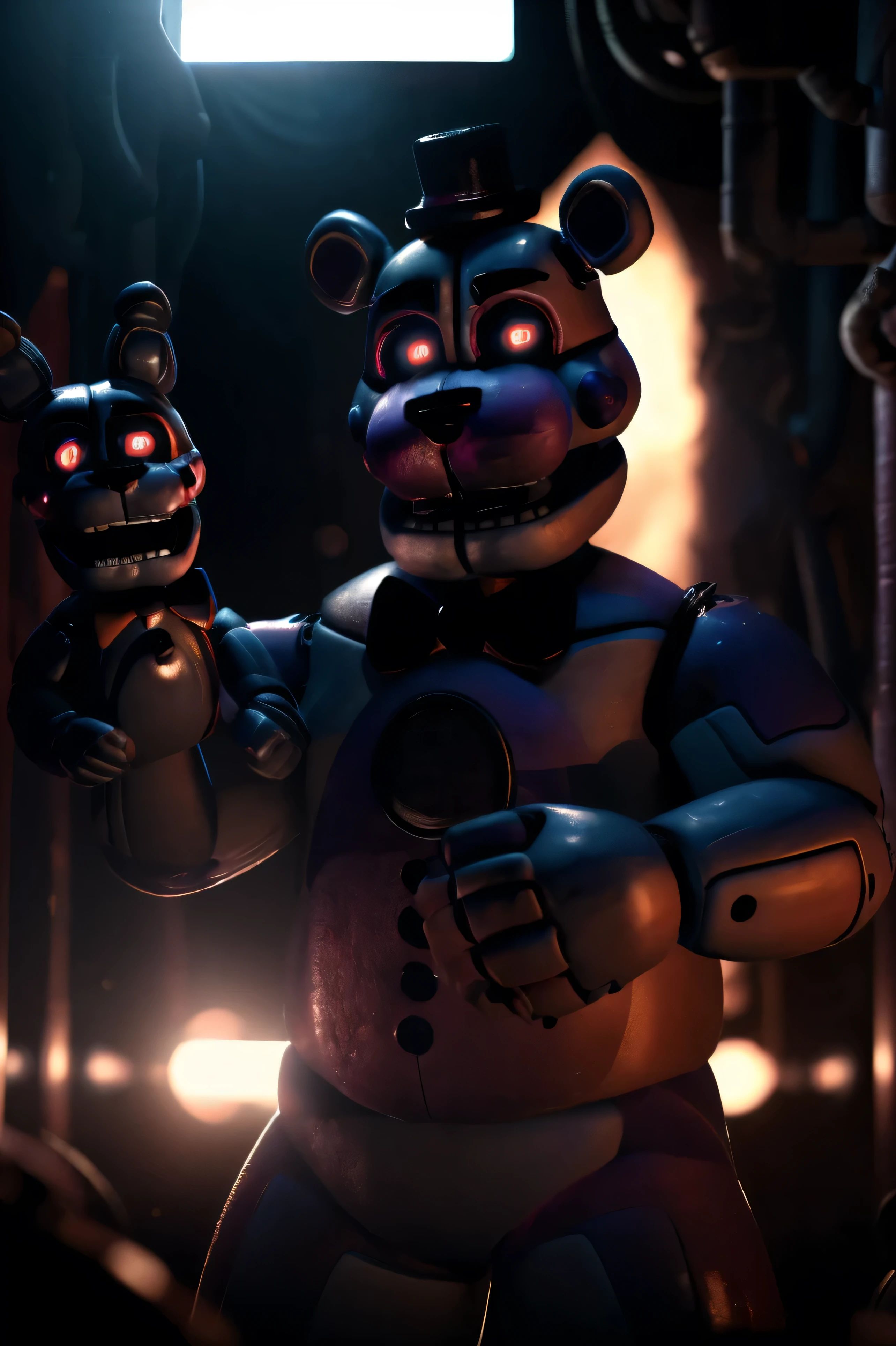 ((funfreddy)), wide jawline, 4k, hi res, 8k, detailed eyes, 8k eyes, eyes focus, red eyes, ((glowing eyes)), aggressive Red lens flare, underground, factory, machinery, no lights, (((pitch black setting))), (((hand reaching out at viewer))), Masterpiece, ultra detailed, realistic, detailed, full view, funfreddy