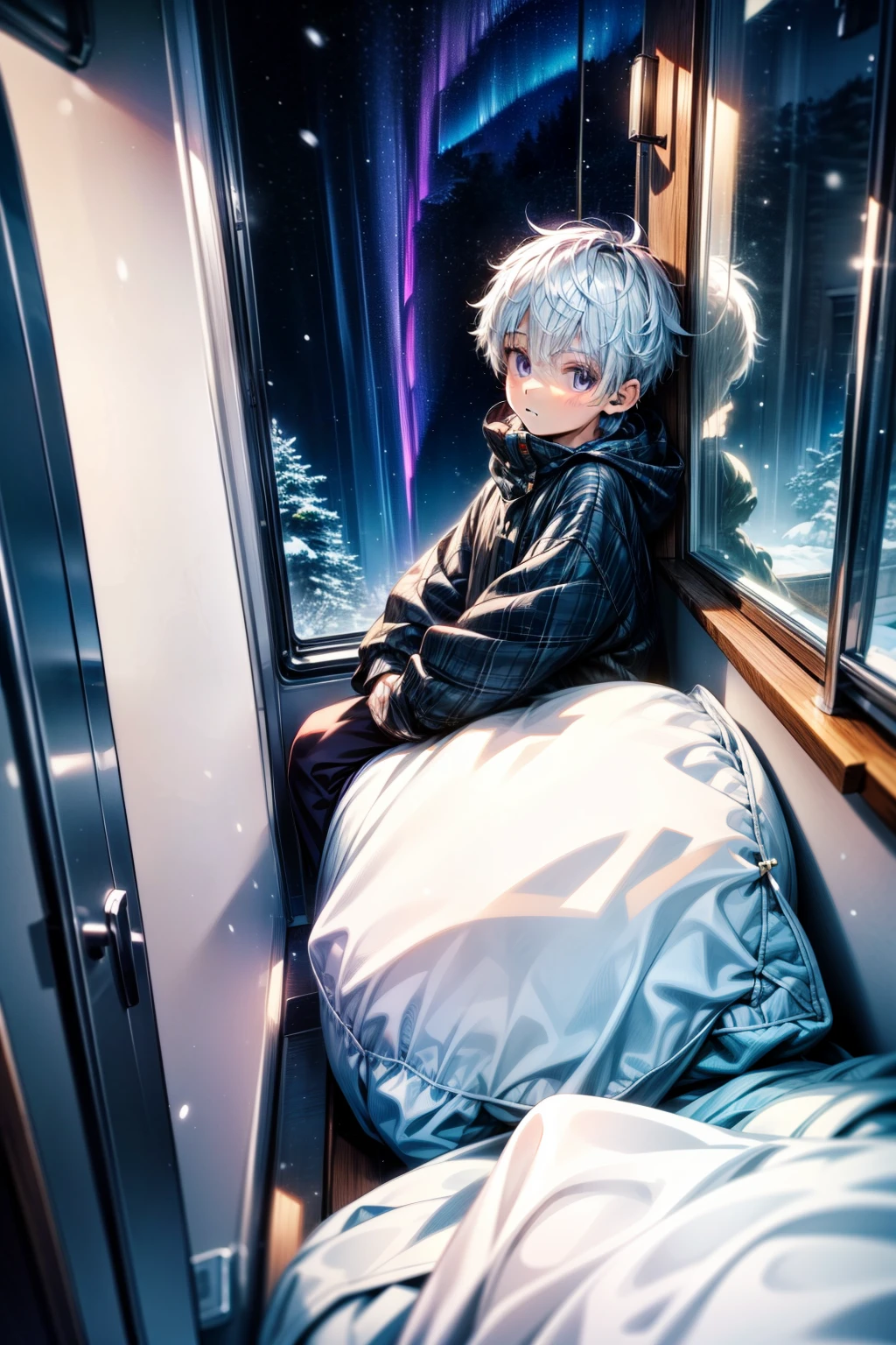 night, aurora borealis outside window, male , 16-ye-oly, boith white hair and purple eyes at night, winter interior, snowing outside window, downcast expression, depressed scene, cold colors, landscape image, 4k, (masterpiece:1), with white colored hair and shiny, High resolution, masterpiece, best quality, high quality, Highly detailed,