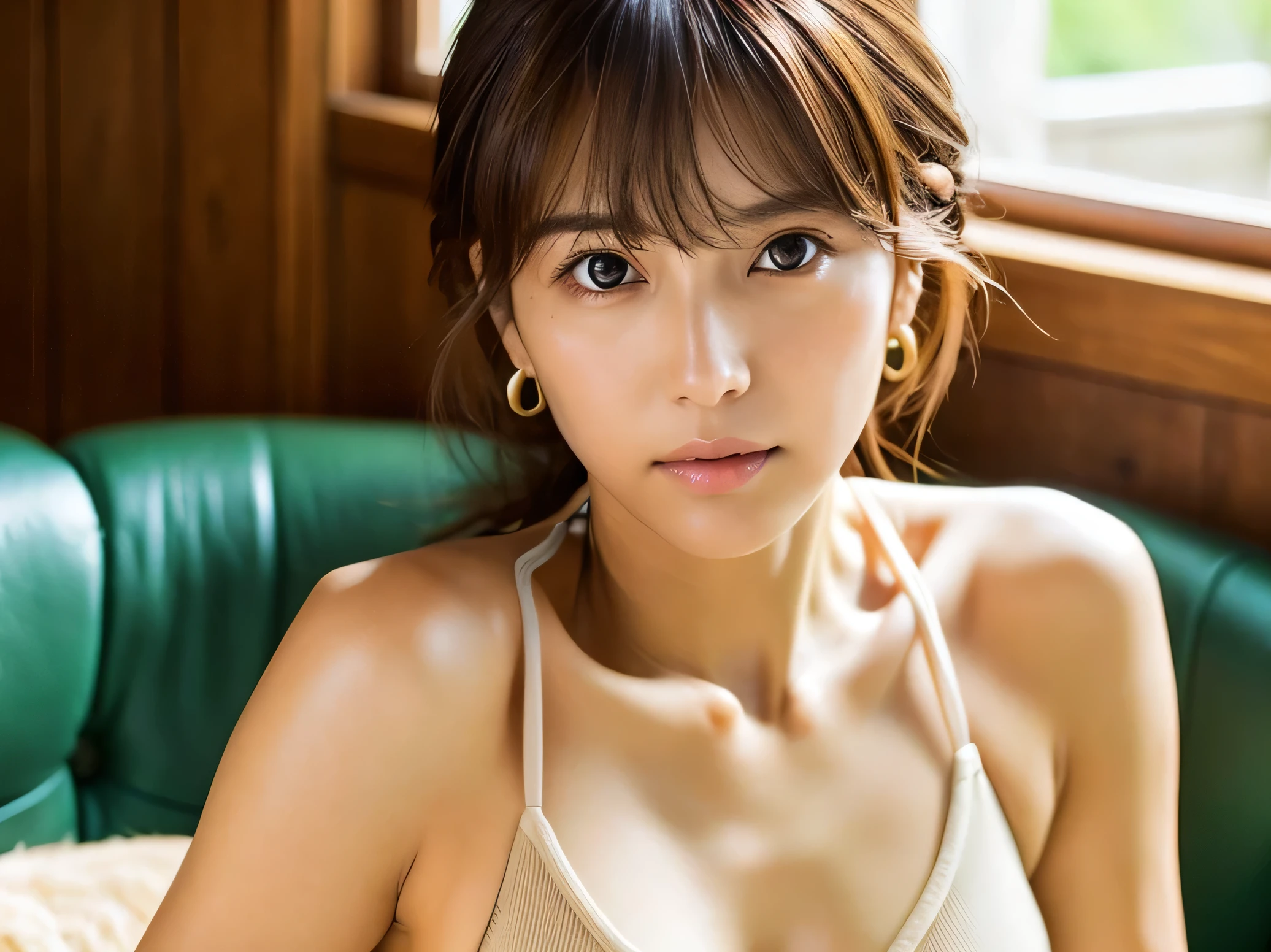 Look into the eyes, Eye contact, Front of face, Front face, face, head, Cross-legged, indoor, Brown Hair, bangs, Light clothing, bikini, Sweat, Sweaty, Sweat, clavicle, Cross-legged, Light from below, Chest, Earrings
