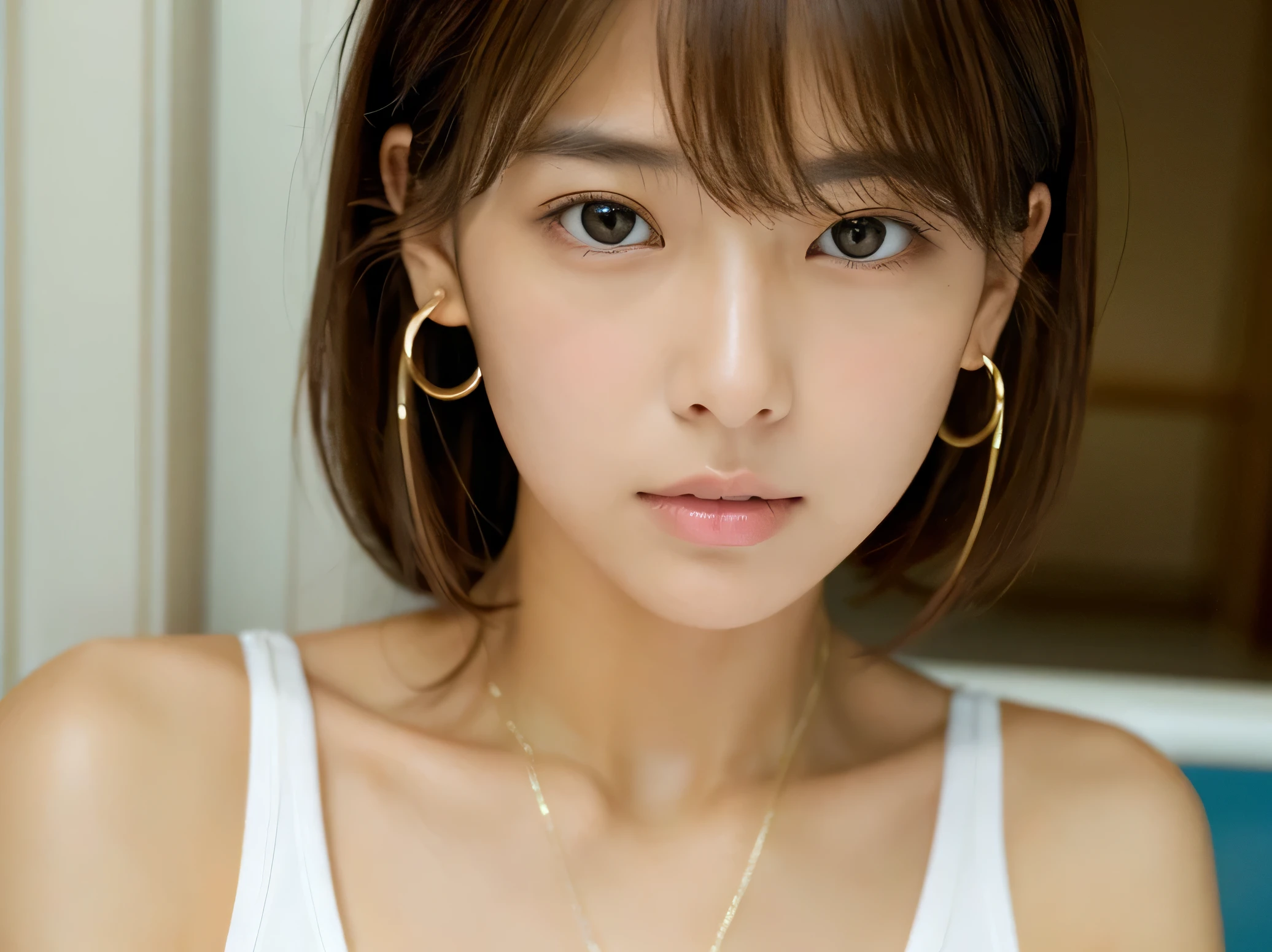 Look into the eyes, Eye contact, Front of face, Front face, face, head, Cross-legged, indoor, Brown Hair, bangs, Light clothing, bikini, Sweat, Sweaty, Sweat, clavicle, Cross-legged, Light from below, chest, Earrings