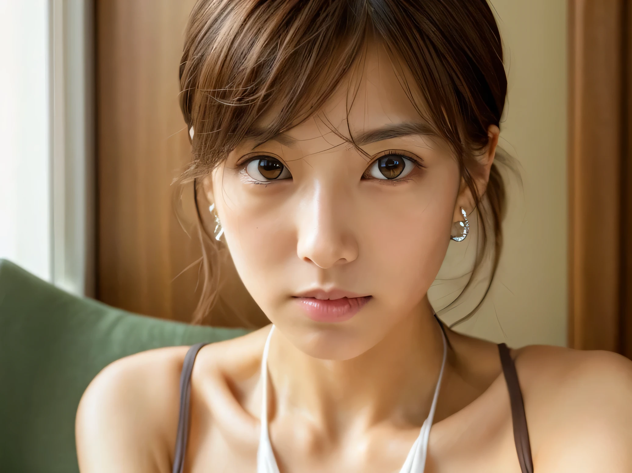 Look into the eyes, Eye contact, Front of face, Front face, face, head, Cross-legged, indoor, Brown Hair, bangs, Light clothing, bikini, Sweat, Sweaty, Sweat, clavicle, Cross-legged, Light from below, chest, Earrings