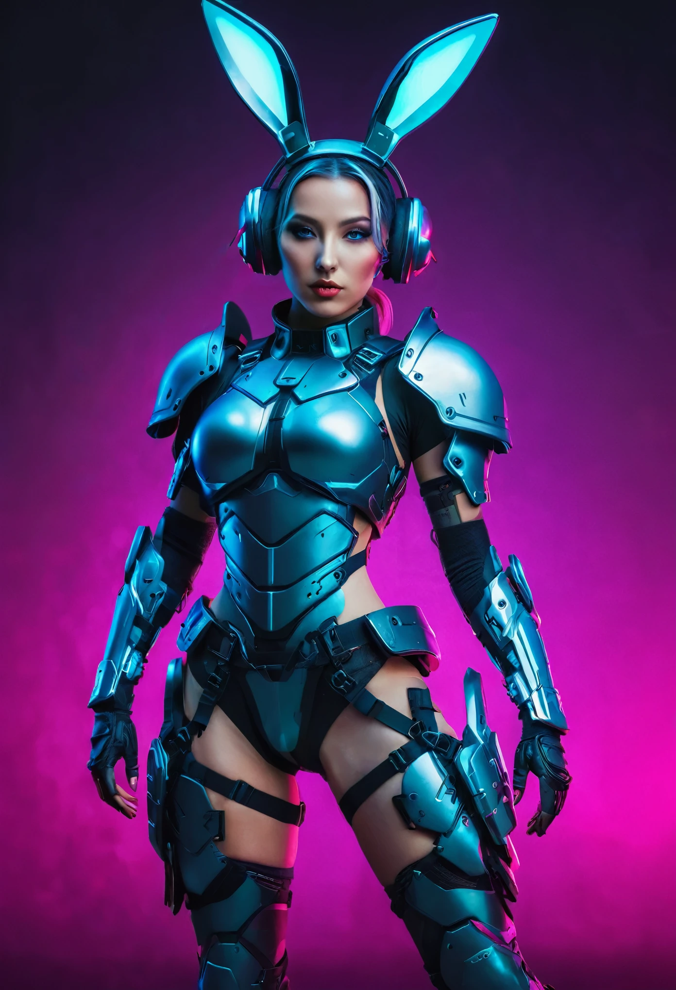 (cyberpunk full body armor), (armor on legs), cyberpunk styled women, wearing bunny ears cybernatic,large cybernatic bunny ears, legs,  detailed facial features, gorgeous eyes and lips, fantasy, highly detailed, 8k, photorealistic, studio lighting, vibrant colors, dynamic composition