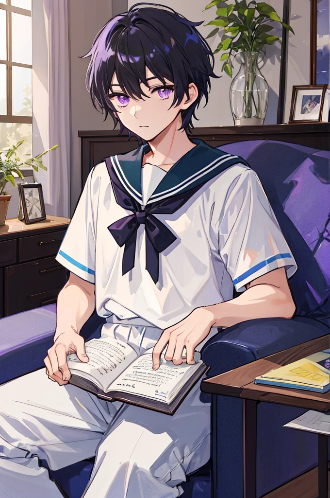 ((man))，Mature，university student，Black short hair，Purple Eyes，White sailor suit，Short sleeve，living room，Bow your head，Sitting and reading，Gentle，