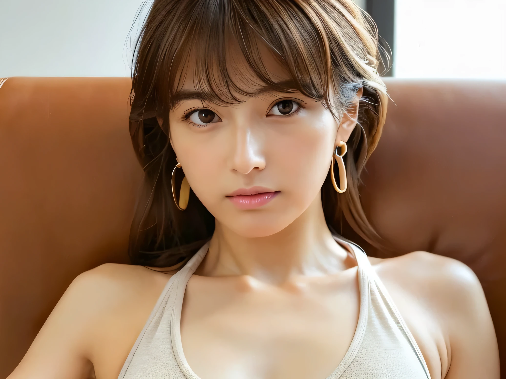 Look into the eyes, Eye contact, Front of face, Front face, face, head, Cross-legged, indoor, Brown Hair, bangs, Light clothing, bikini, Sweat, Sweaty, Sweat, clavicle, Cross-legged, Light from below, chest, Chest cleavage, Earrings