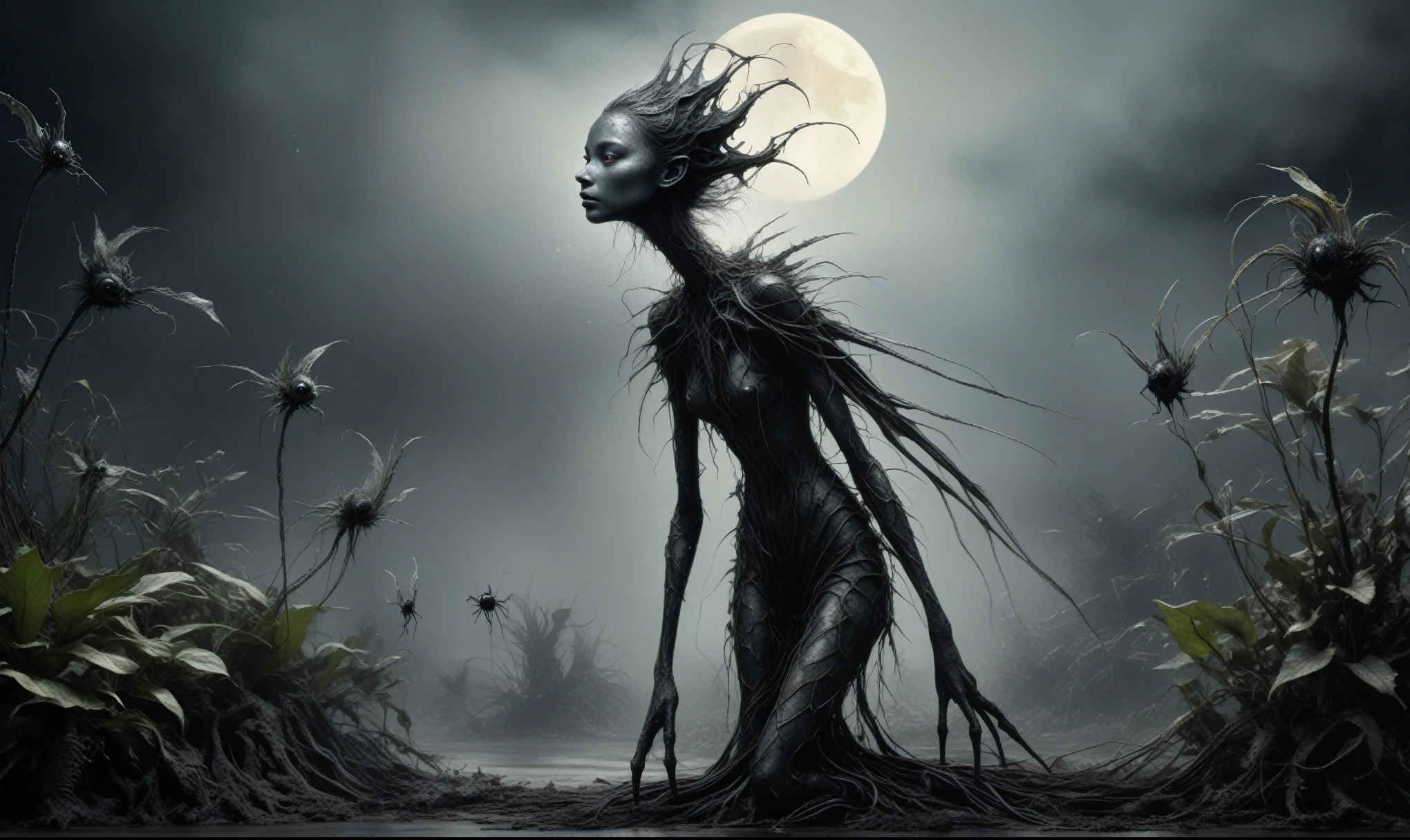 Quentin Blake Style Photography - Surreal、1、hight resolution、Beautiful fece、top-quality、masterpiece、ighly detailed,full body length,once pretty,full body,bailong plant girl made of dead plants,a girl made of charcoal plants,charcoal The Alien Entity,ominous landscape, niobium graphite atmosphere,dangerous atmosphere,intricate details,realistic graphite skin,extremely intricate details,Epic Realistic,At night, light shone on her,anatomically correct,eyes extremely detailed, high detailed eyes,UHD,Retina,HDR,Technicolor,natural skin textures, hyper realism, hyper detailed,High contrast,Realism,Ultra Detailed,irina yermolova,close full body shot, masterpiece,faded,8k resolution,RAW, Nikon Z9,pixie,nicola samori,ominous dragon wing,spider