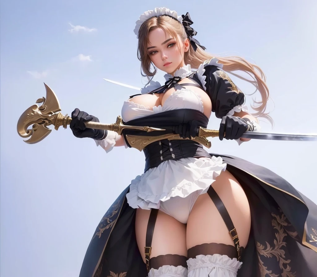a close up of a woman in a maid outfit holding a sword, fine details. Girls' Frontline, anime maid ss military, (SFW) Work, gorgeous maid, from Girls' Frontline, guweiz, anime girl in a maid costume, Tick, From Arknights, Biomechanics OPPEIN, maid, anime maids riding early tanks, maid outfit,((,Cleavage))